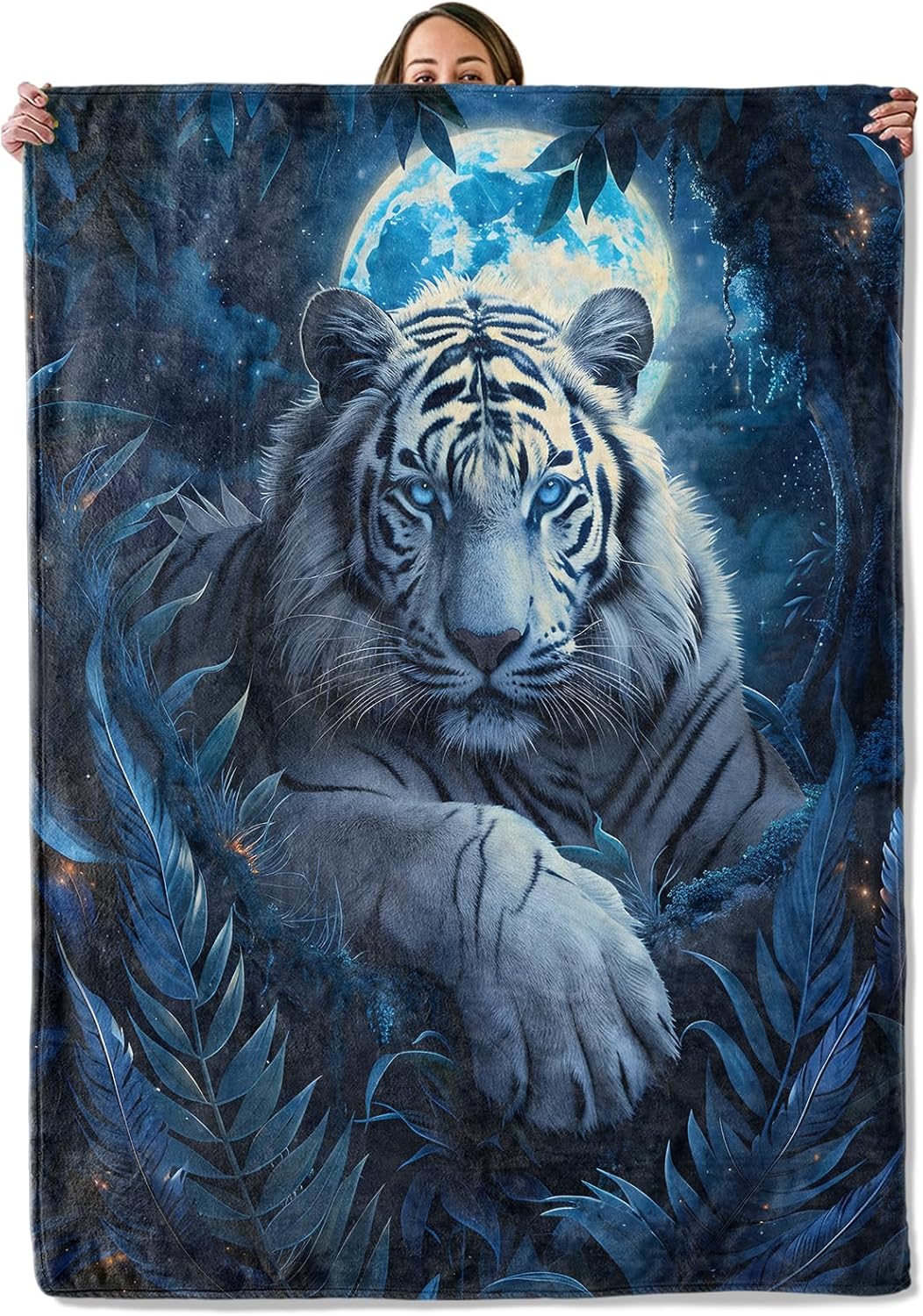 White Tiger Gifts, Moon and Jungle Tiger Blanket for Adults Women Kids, 50x60 in, Cozy Fuzzy Warm Soft Throw Blankets for Bedroom, Camping, Couch, Decor