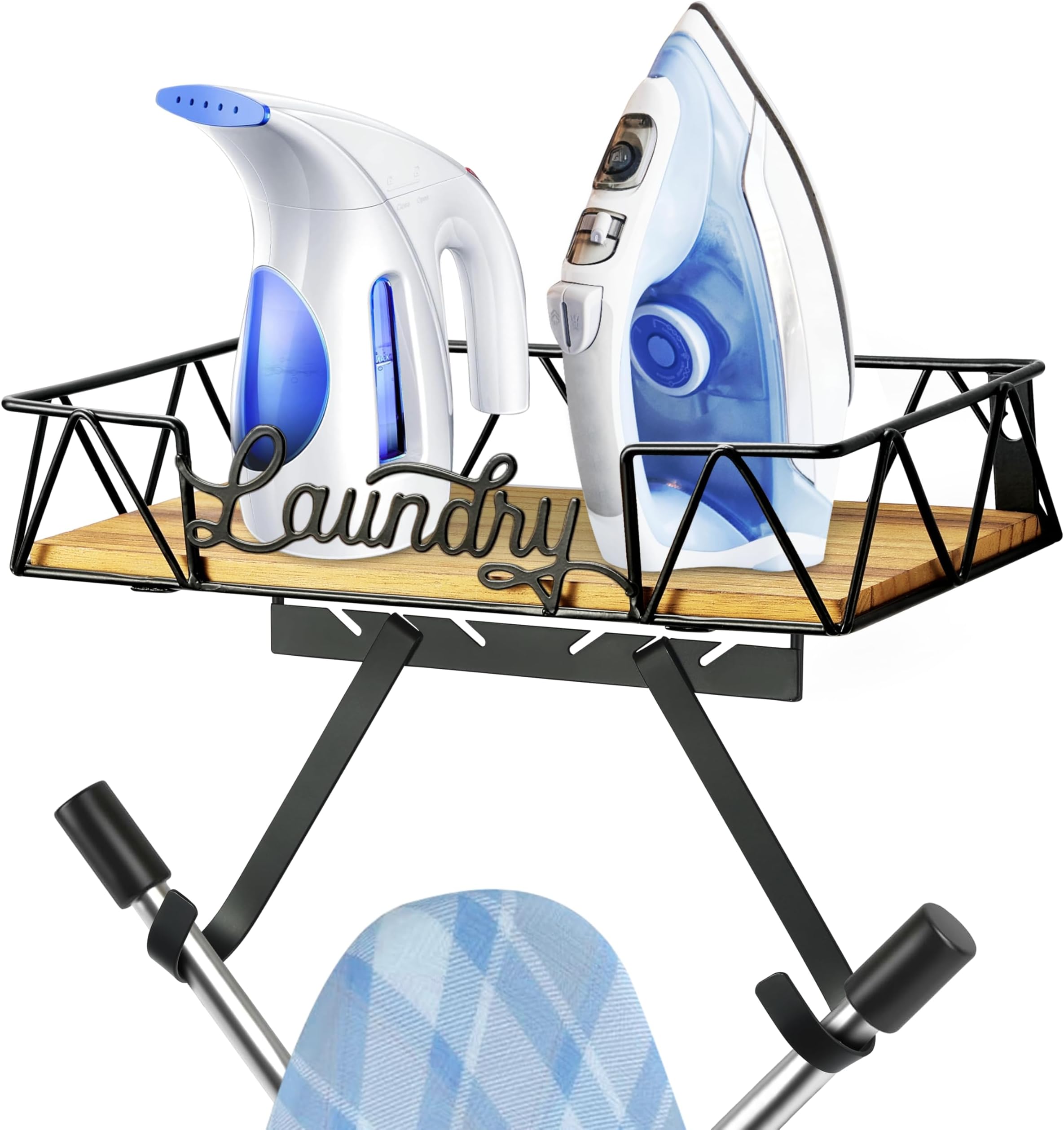 PERFNIQUE Ironing Board Holder, Iron Board Wall Mount, Ironing Board Hanger, Laundry Room Organization with Removable Hooks(T&V Shaped), Wooden Base Basket, Farmhouse Laundry Room Decor (Laundry)