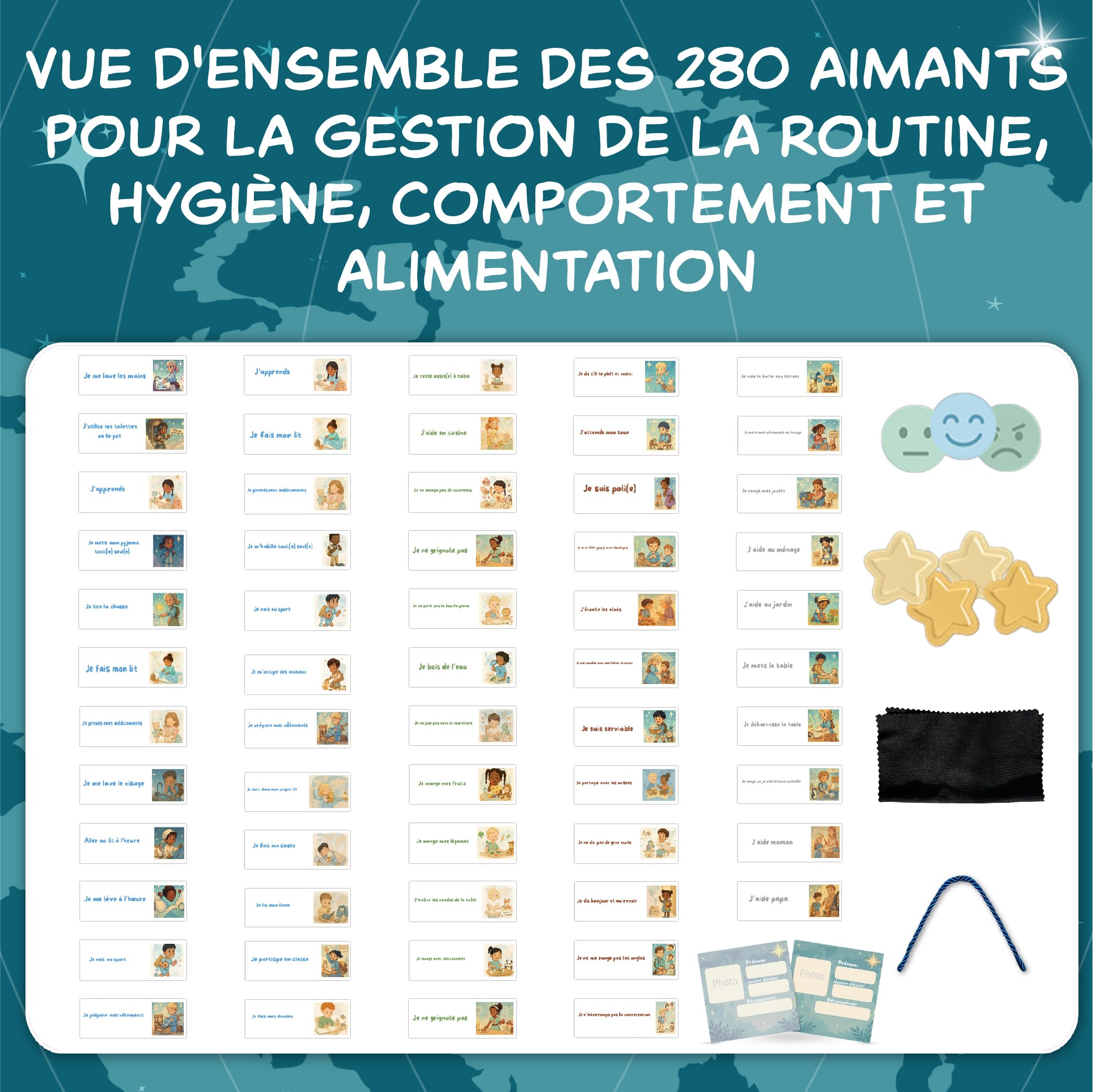 Tableau de Récompense Enfant Magnétique – Routine Matin & Soir 5-12 Ans | Tableau de Comportement et Tâches Enfant | 60 Missions + 10 Libres, 150 Étoiles, 60 Emojis, Organisation routine maison