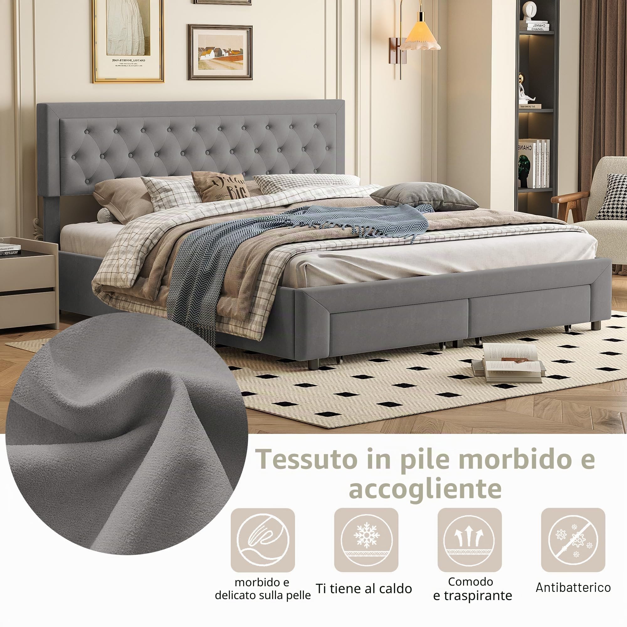 Letto Matrimoniale King Size 180x200cm con Stoccaggio Idraulico e 2 Cassetti, Letto Matrimoniale con Testiera e Sommier, in Velluto, Design Moderno (Senza Materasso)