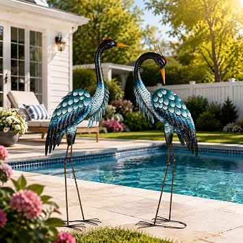 Extra-Large Crane Statue, 45" Metal Blue Heron Decor Set of 2