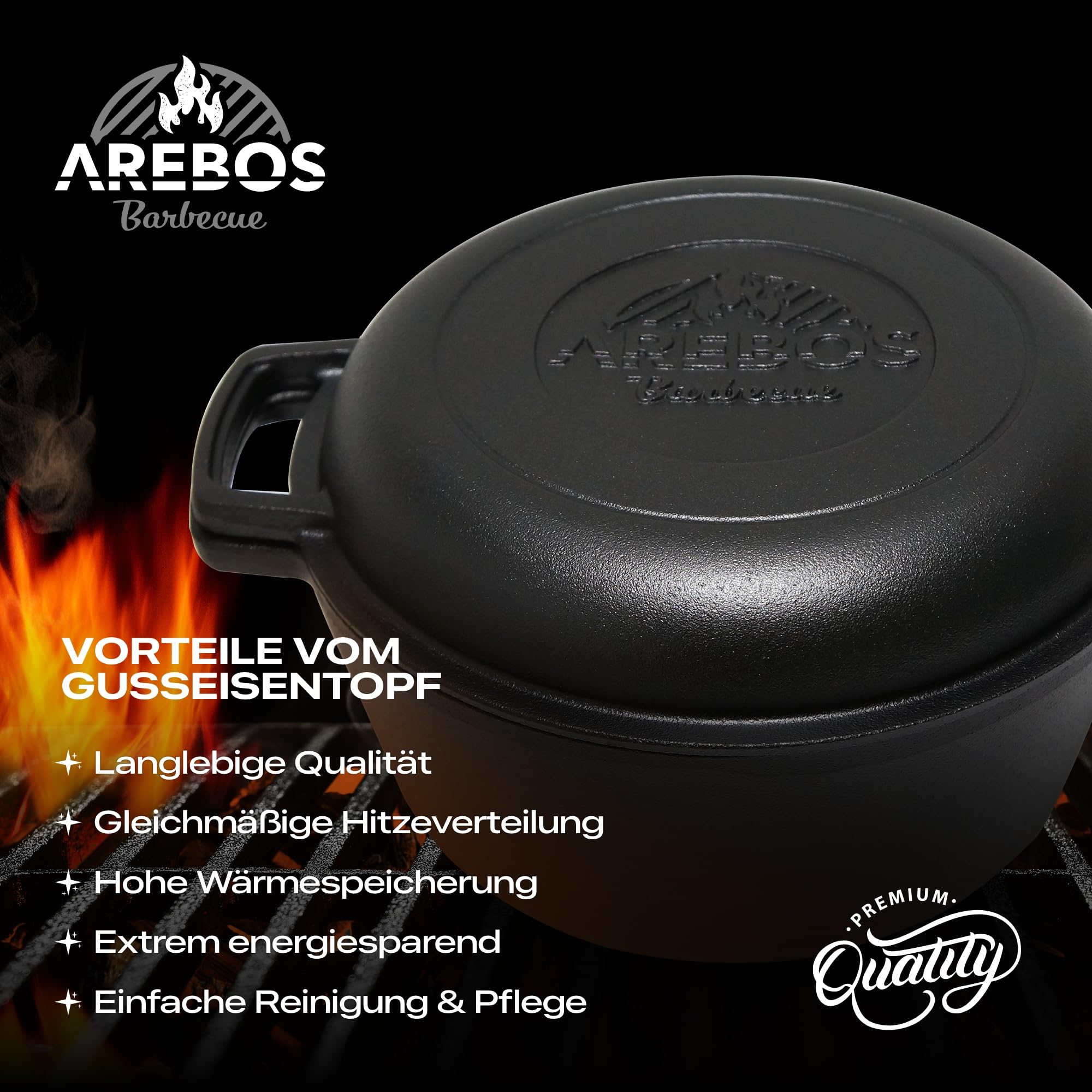 Arebos Dutch Oven Set 2in1 | Gusseisen Topf 4,8 L & Pfanne 1,8 L | Eingebrannter BBQ Feuertopf & Bratpfanne inkl. Zubehör | Doppelfunktion Deckel/Bratpfanne | Gulaschkessel für Outdoor & Indoor