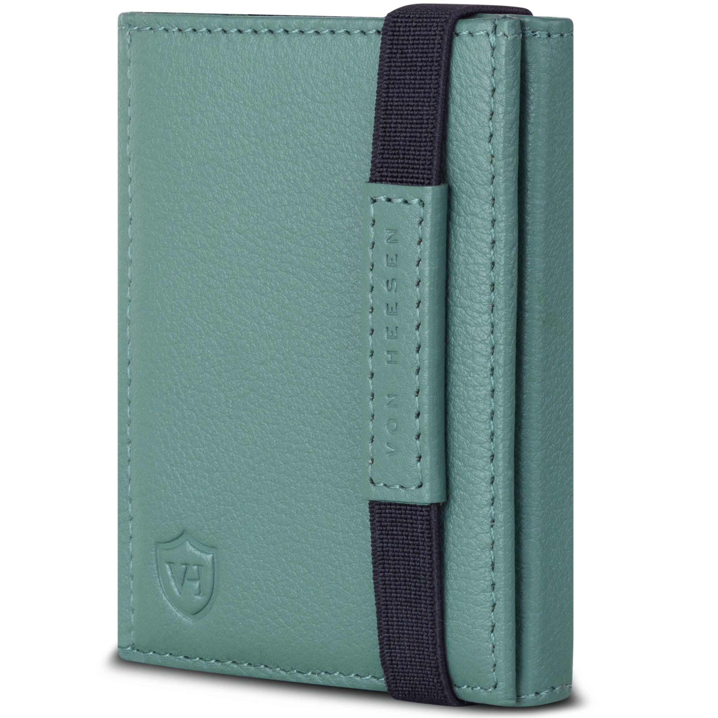 VON HEESEN Slim Wallet mit RFID Schutz - Geldbörse Herren klein - Mini Geldbeutel Damen Portmonee - Kartenetui Echtleder Karten Portemonnaie - Leder Kreditkartenetui Silver-Pine