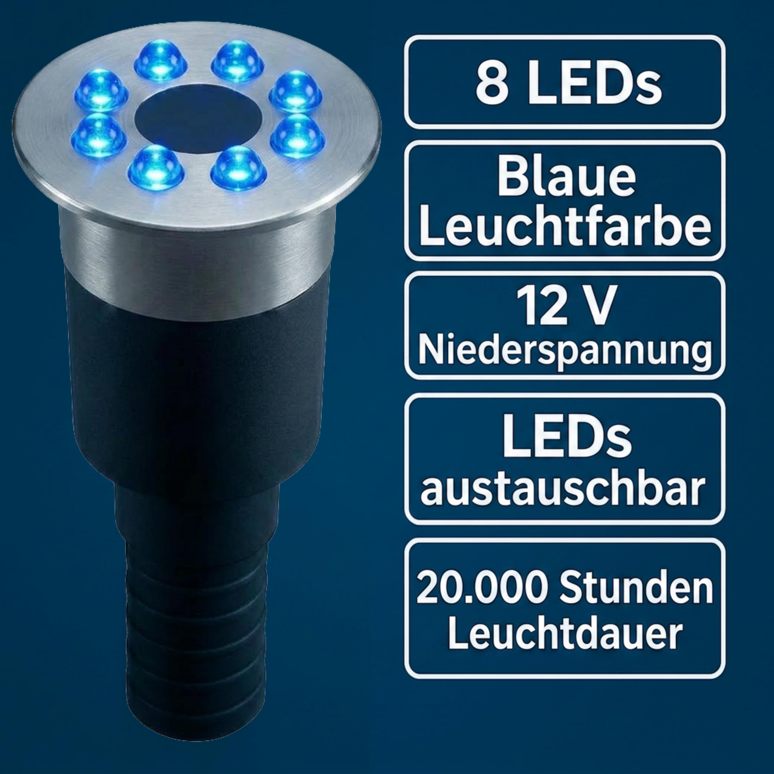Kerry Electronics Wasserspielleuchte blau, inkl. Trafo, 0,6 Watt, IP68, 12V, 103 LUX, 650 cm Kabel, 8 LED, LED Ring Brunnen, Wasserspielbeleuchtung | Unterwasserlicht | Unterwasserstrahler