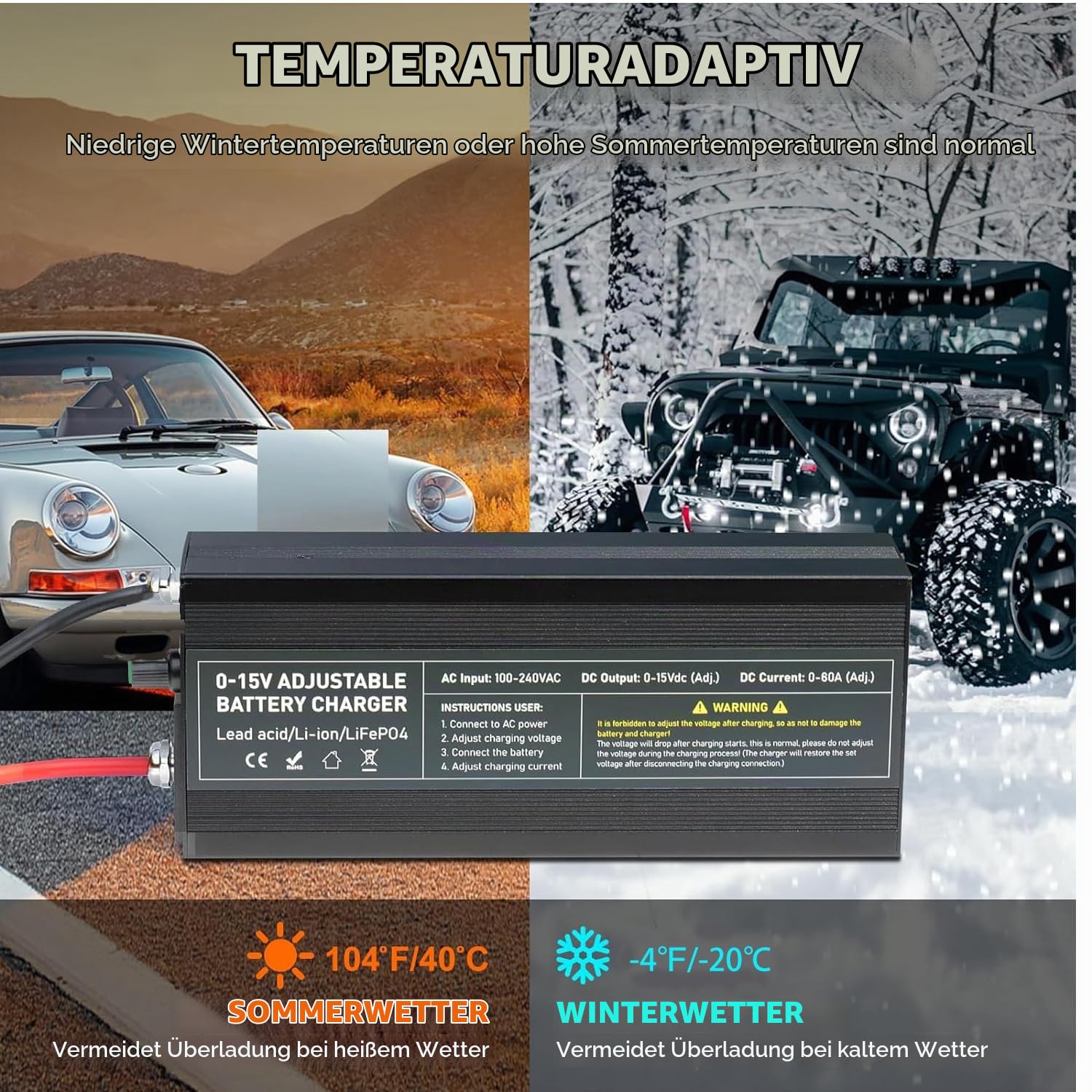 LiFePO4 14,6V 60A Batterieladegerät, 0-15V/0-60A Ladegerät Lithium Batterie mit Stufenloser Regulierung, Intelligentes 12V Lithium Akku für Auto, LKW, Motorrad, Rasenmäher, Boot