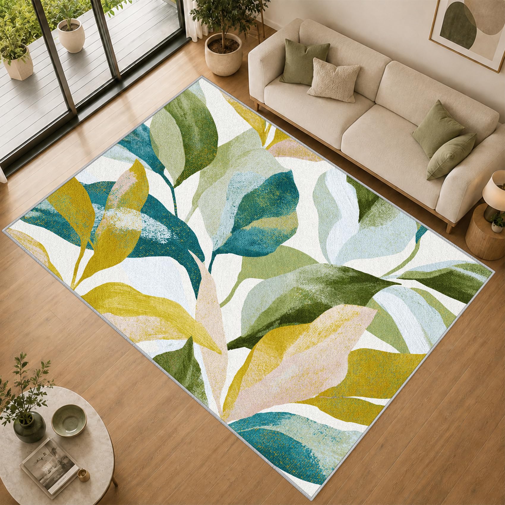 Tapis Salon Feuilles Aquarelle 200x300cm Lavable en Machine Antidérapant