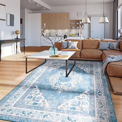 Miniatura 4 de Alfombra de sala de estar, alfombra de área de 5 x 8 pies para dormitorio, alfombra bohemia azul persa, alfombra suave de espuma viscoelástica,