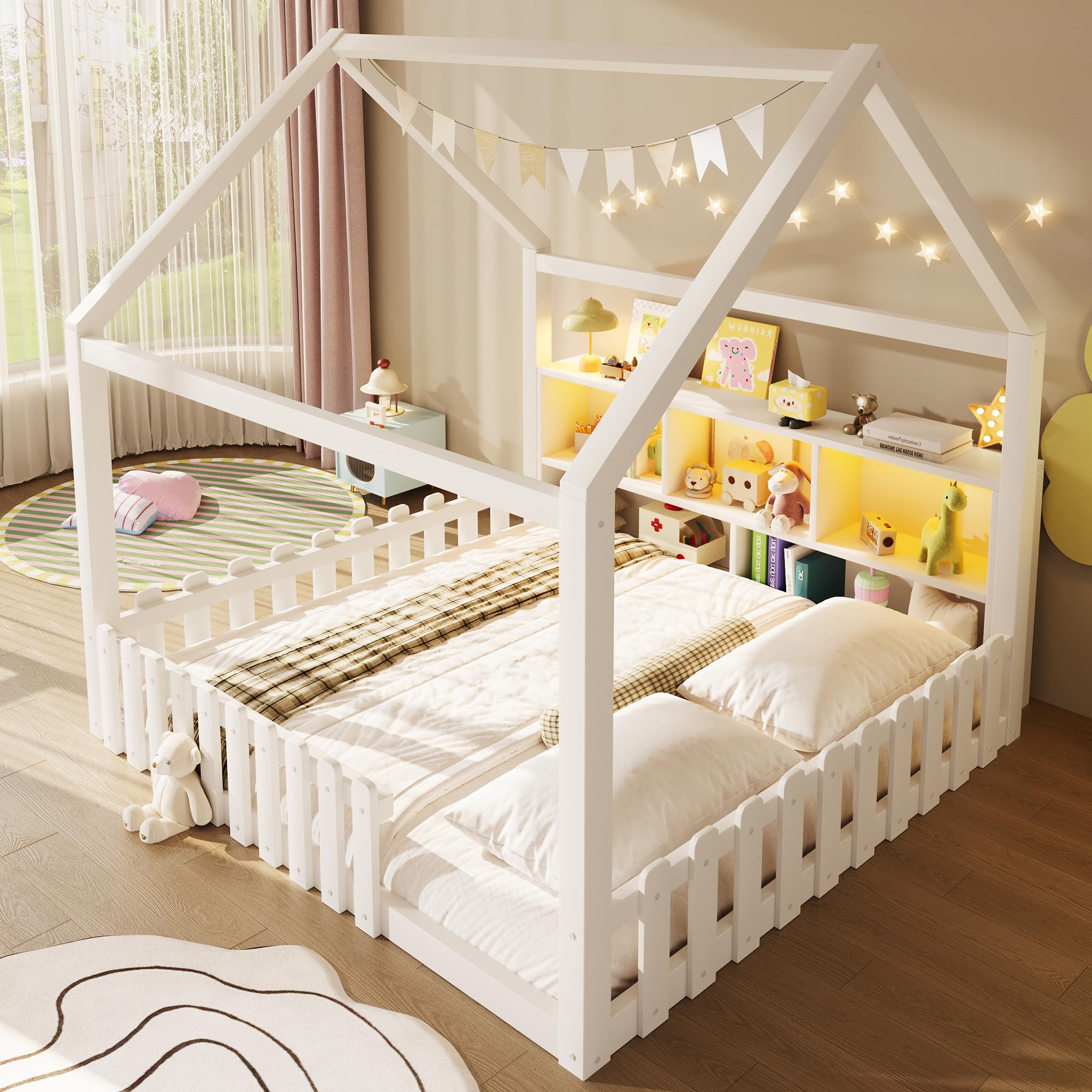Cama infantil de 140 x 190 cm, con tira de luces LED, compartimentos de almacenamiento abiertos, listón de casa, cama de suelo Montessori con protección contra caídas y somier, cama de madera para