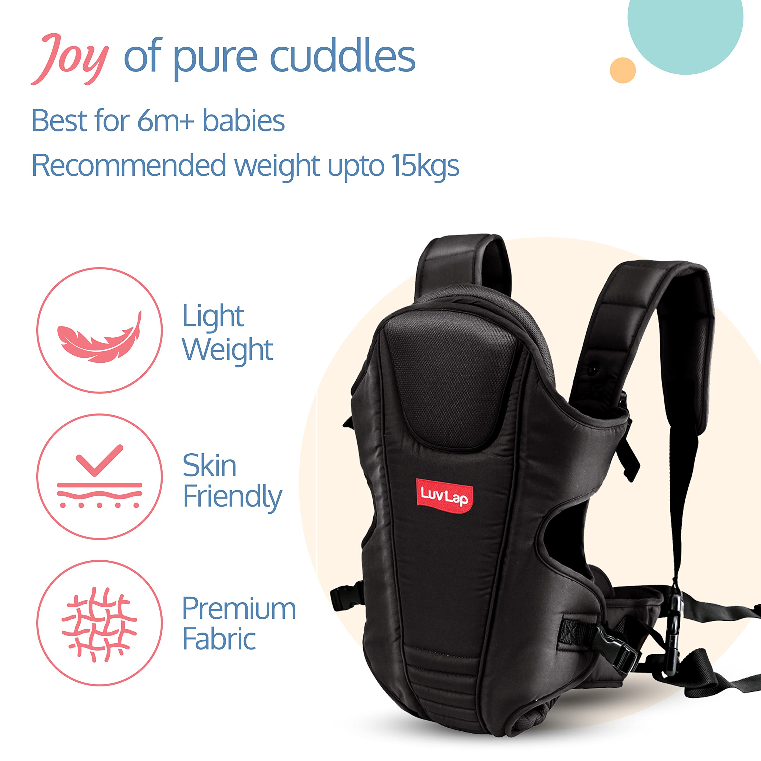 LuvLap Galaxy Baby Carrier with 3 Carry Position & Padded Head Support, for 6 to 15Months Baby, Max Weight up to 15 Kgs(Black)