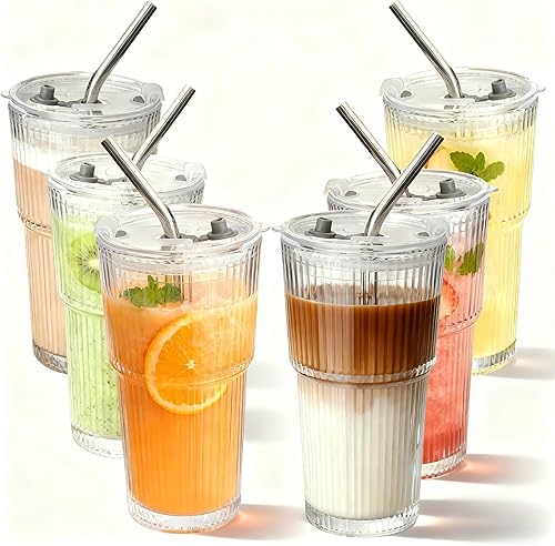 Paquete de 6 vasos de vidrio acanalado con tapa y pajita, de 16 onzas, lindos vasos de café helado, vasos de vidrio con tazas para cafetería,