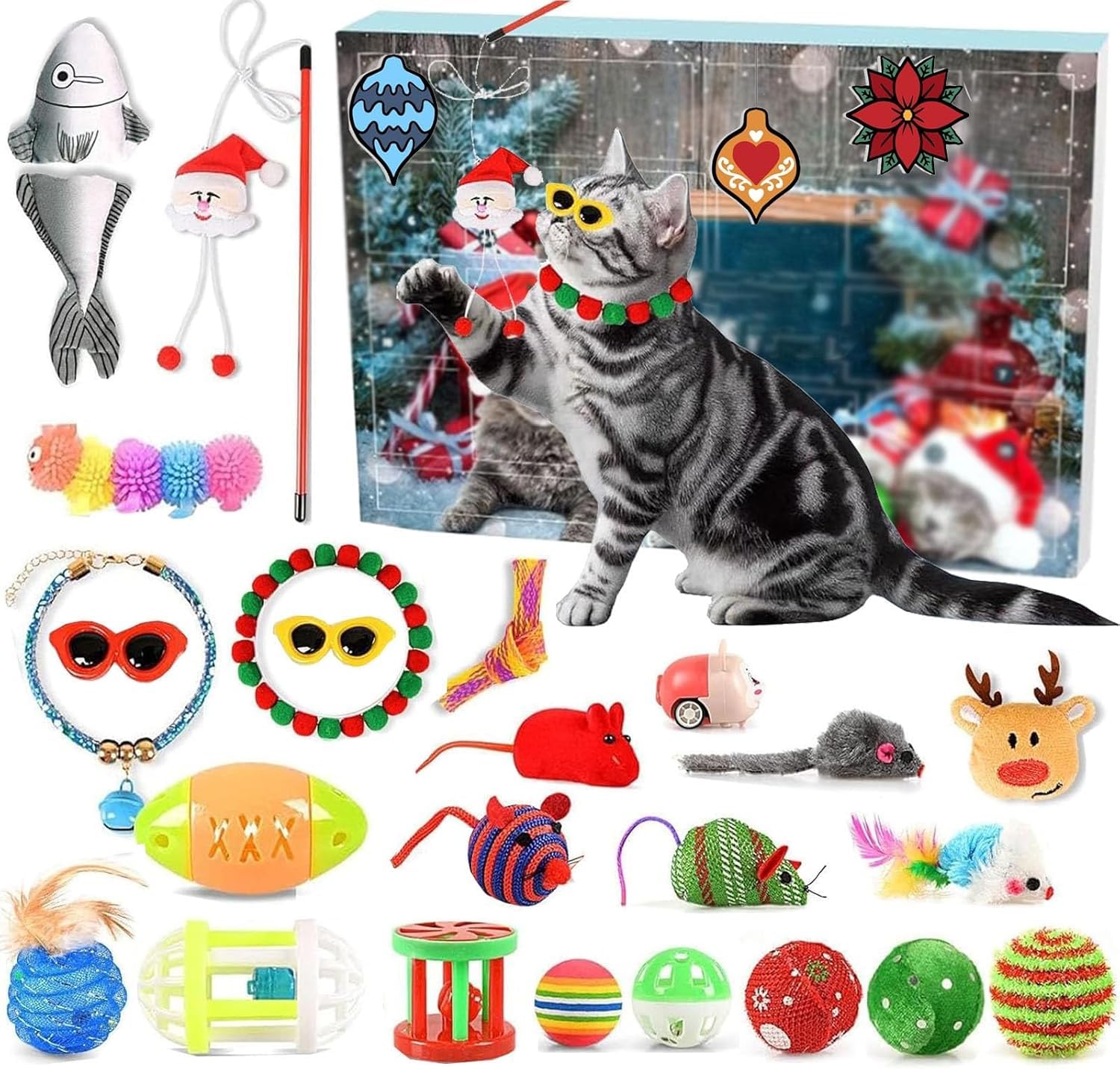Cat Advent Calendar 2025, 24 PCS Interactive Christmas Toys for Indoor Cats Xmas Countdown Calendar with Feather Wand, Balls
