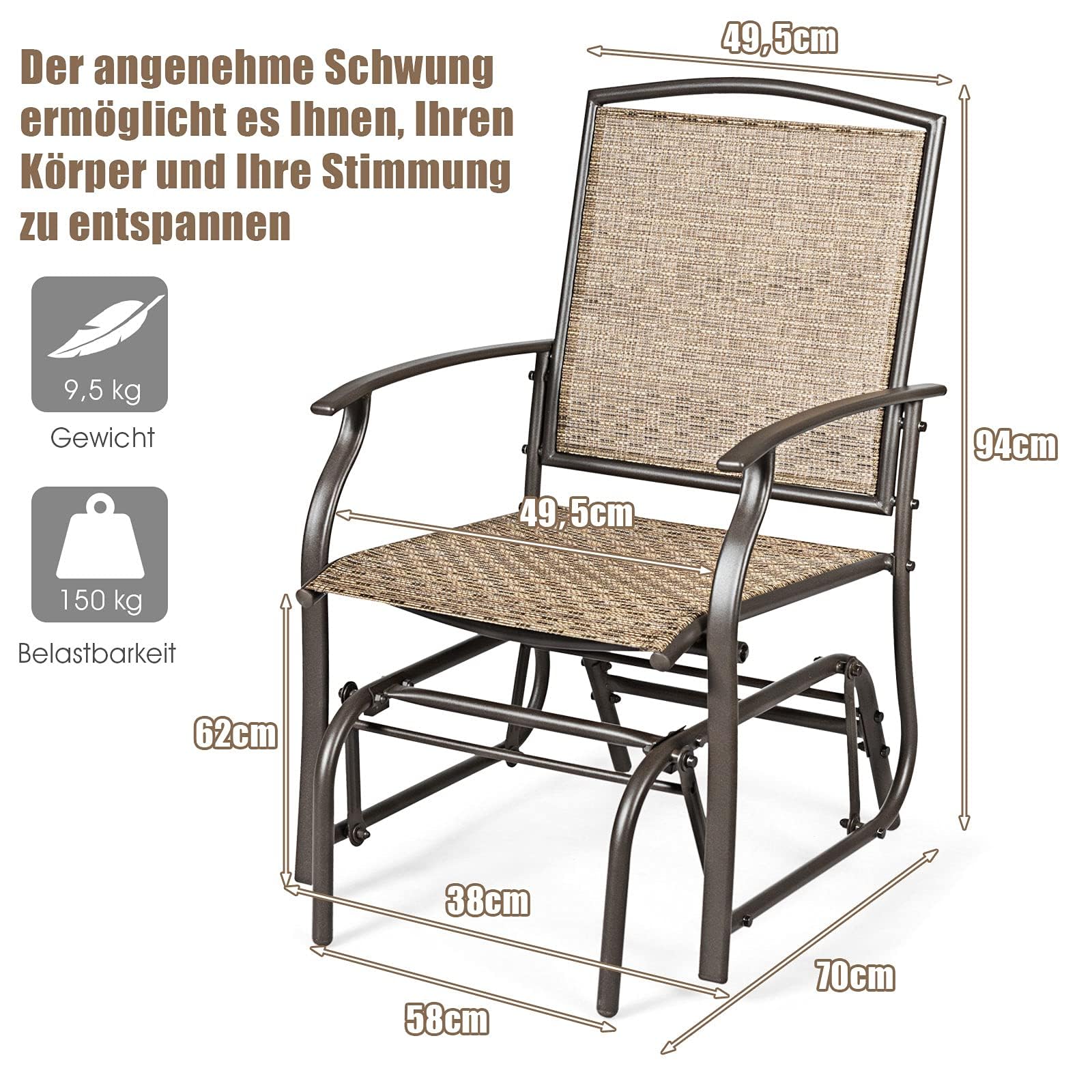 GOPLUS Schaukelstuhl, Gartenstuhl mit Armlehne & Rückenlehne, Campingstuhl aus Eisen & Textilen, Schaukelsessel bis zu 150 kg Belastbar, für Balkon Garten Terrassen (2 PCS)