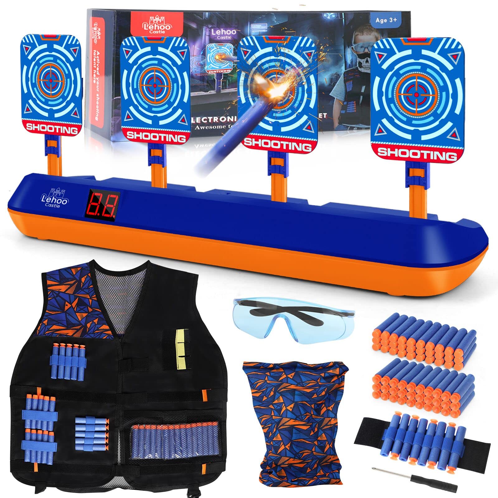 Lehoo Castle Geschenk Jungen 3+ Jahre, Nerf Zielscheibe mit Weste Jungs für Nerf Pistole Zubehör, 60 Darts, Spielzeug ab 3+ Jahre Jungen