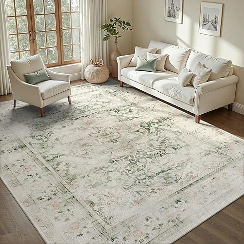 DCX 8x10 Green Rug, Machine Washable Stain Resistant Distressed Vintage