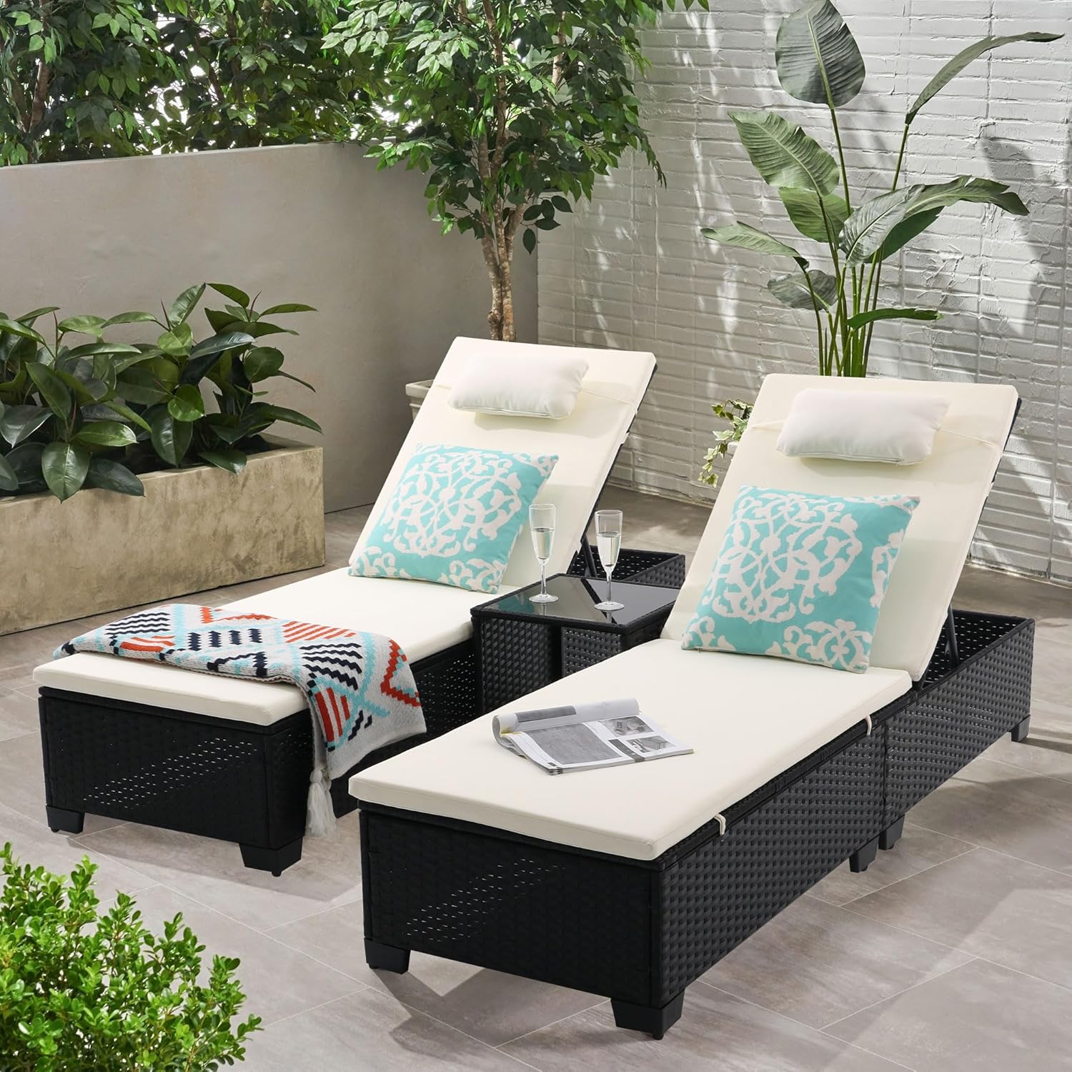 3 PCS Patio Chaise Lounge with Coffee Table Cushion&Pillow Outdoor Lounge Chair Chaise Lounger Patio Reclining Chair 5 Angle Adjustment Black PE Rattan for Courtyards Poolside (Beige)