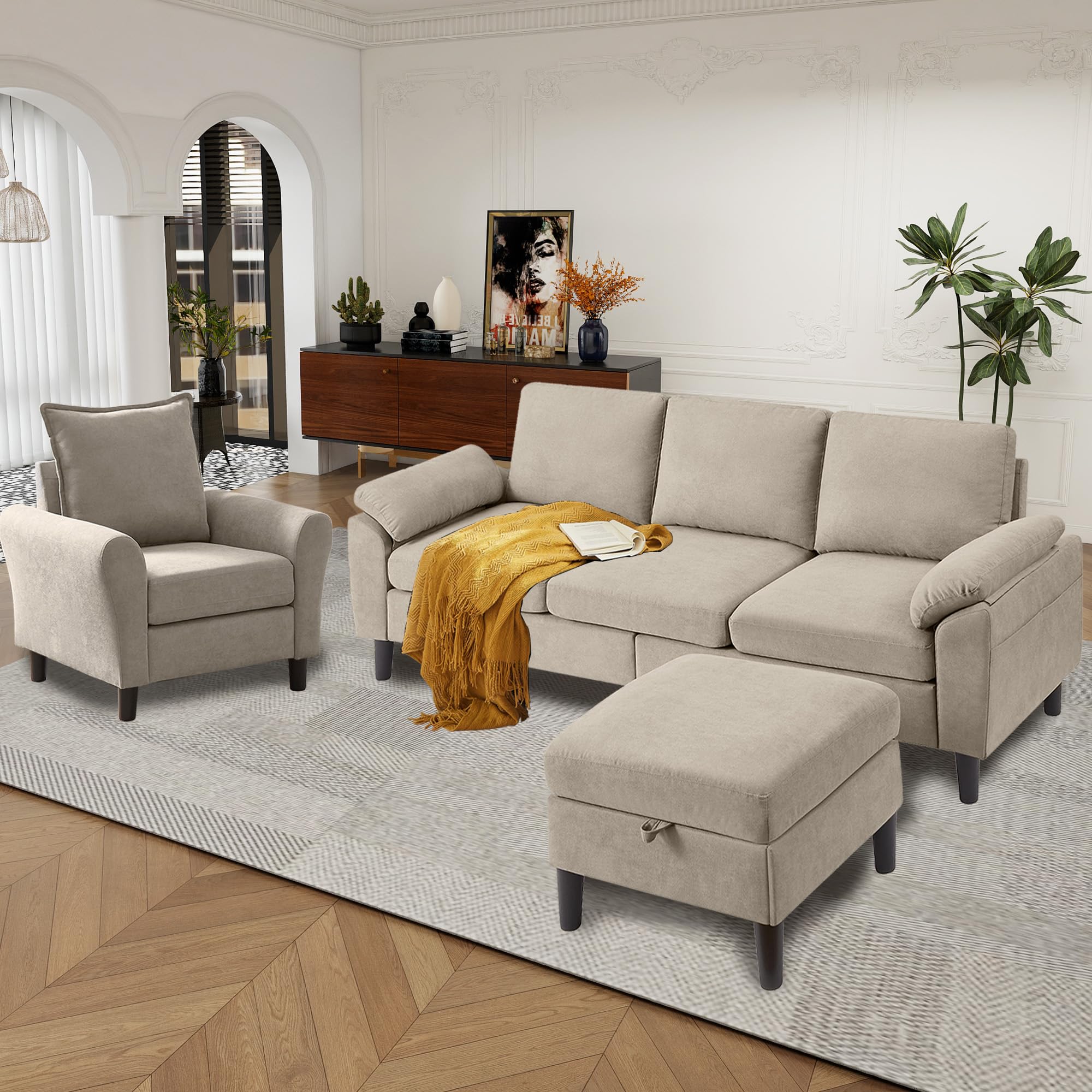 Chireca 79" Convertible Sectional Sofa Set, Modern Linen Small L Shaped Couch with Reversible Ottoman and Accent Chair, 3-Seat Sofa Couches for Living