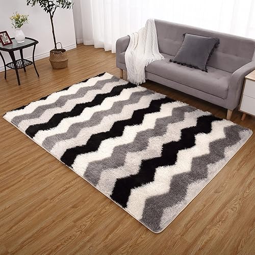Miniatura 5 de Alfombra esponjosa de 5 x 7 pies, alfombra geométrica peluda antideslizante, moderna para interiores, para sala de estar, dormitorio de niños,