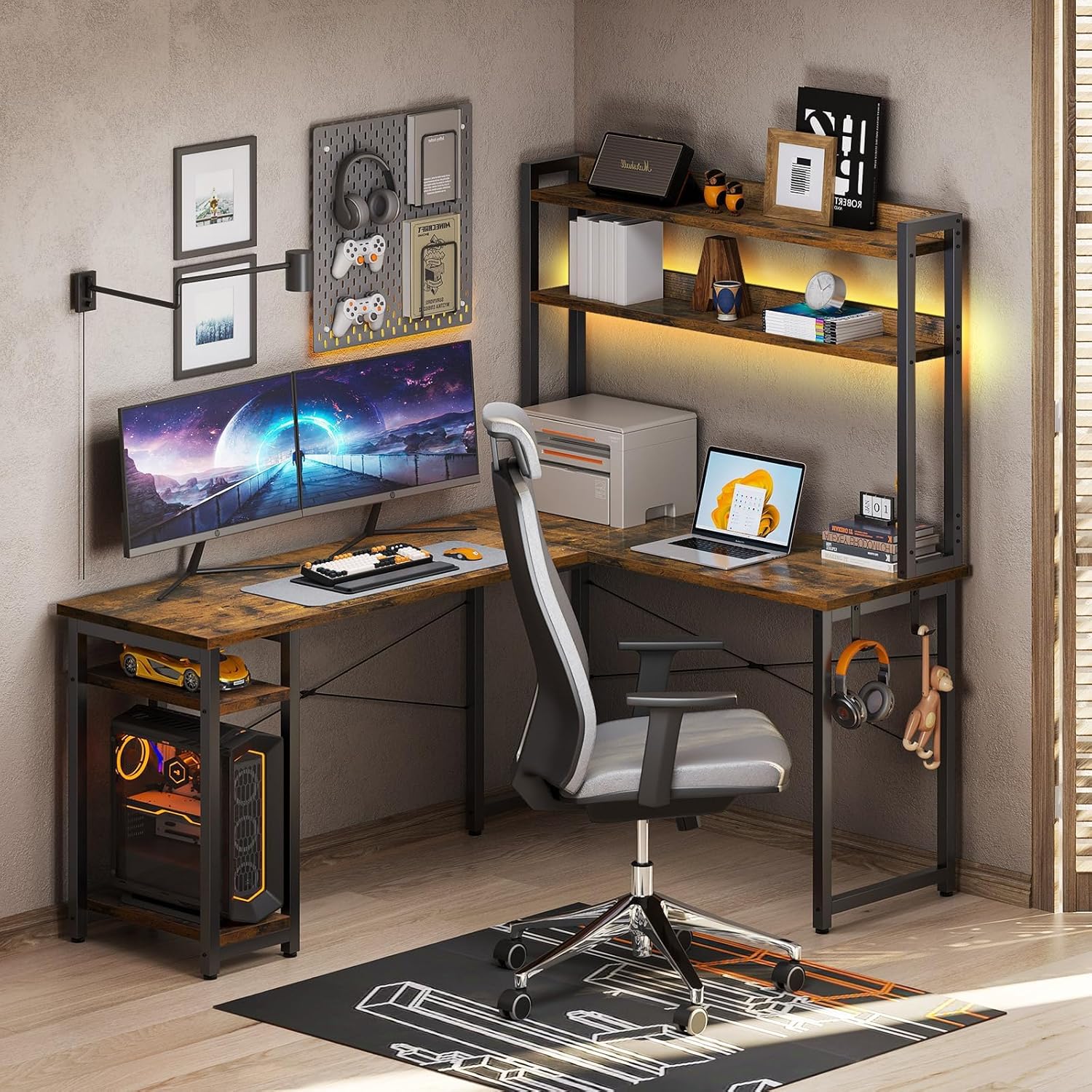 KKL L Shaped Desk with Hutch and Storage Shelves, 66" Inch Home Office Corner Computer Worstation Gaming Desk Rustic Brown