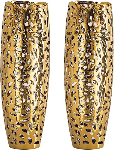 Juego de 2 jarrones modernos dorados para suelo alto, decoración calada coral de 16 pulgadas para suelo, jarrón dorado grande para sala de estar,