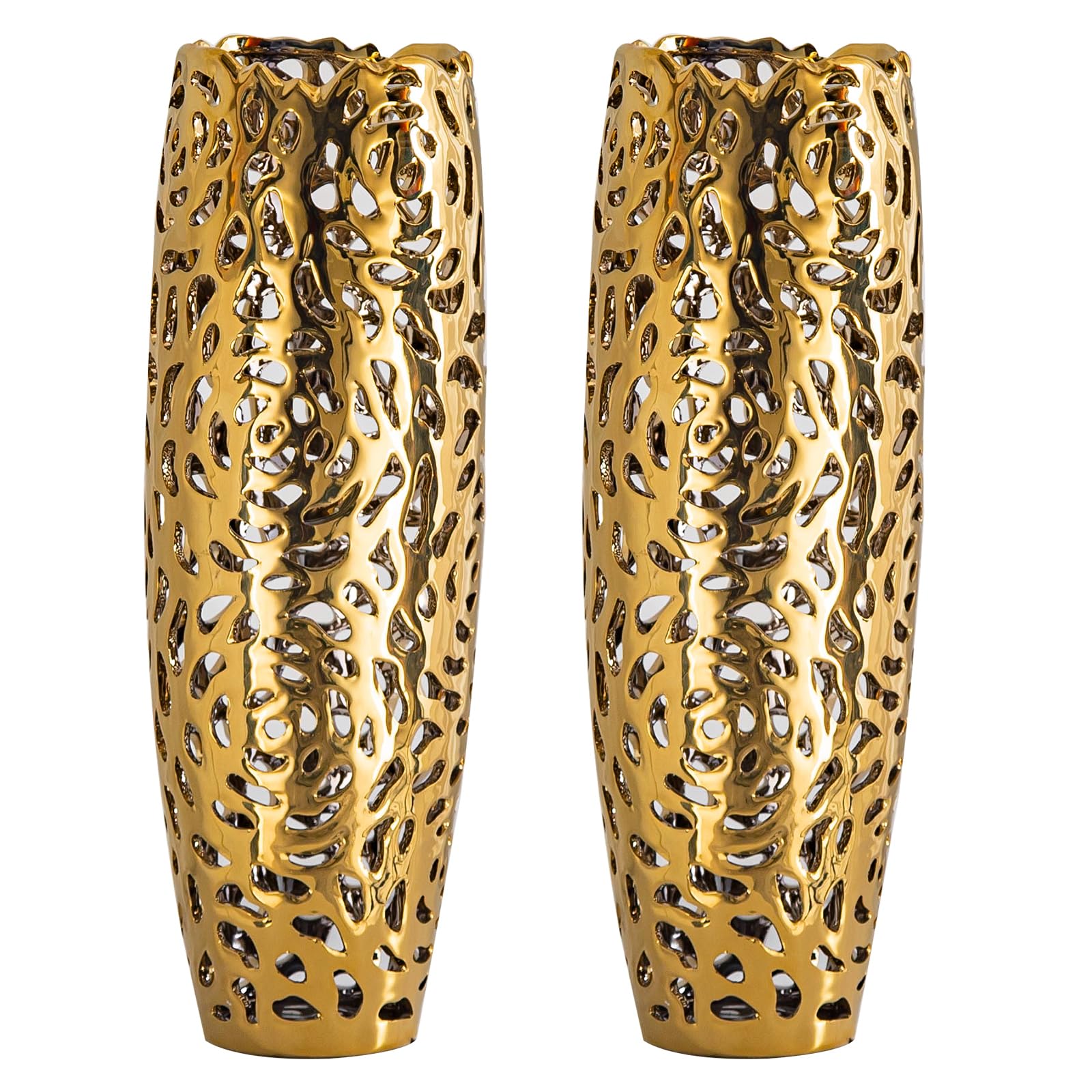NewSangXia Modern 16 Inch Gold Tall Vase Set of 2 Openwork Coral Floor Decor Large Gold Vase for Living Room Dining Bedroom Balcony Indoor Decor