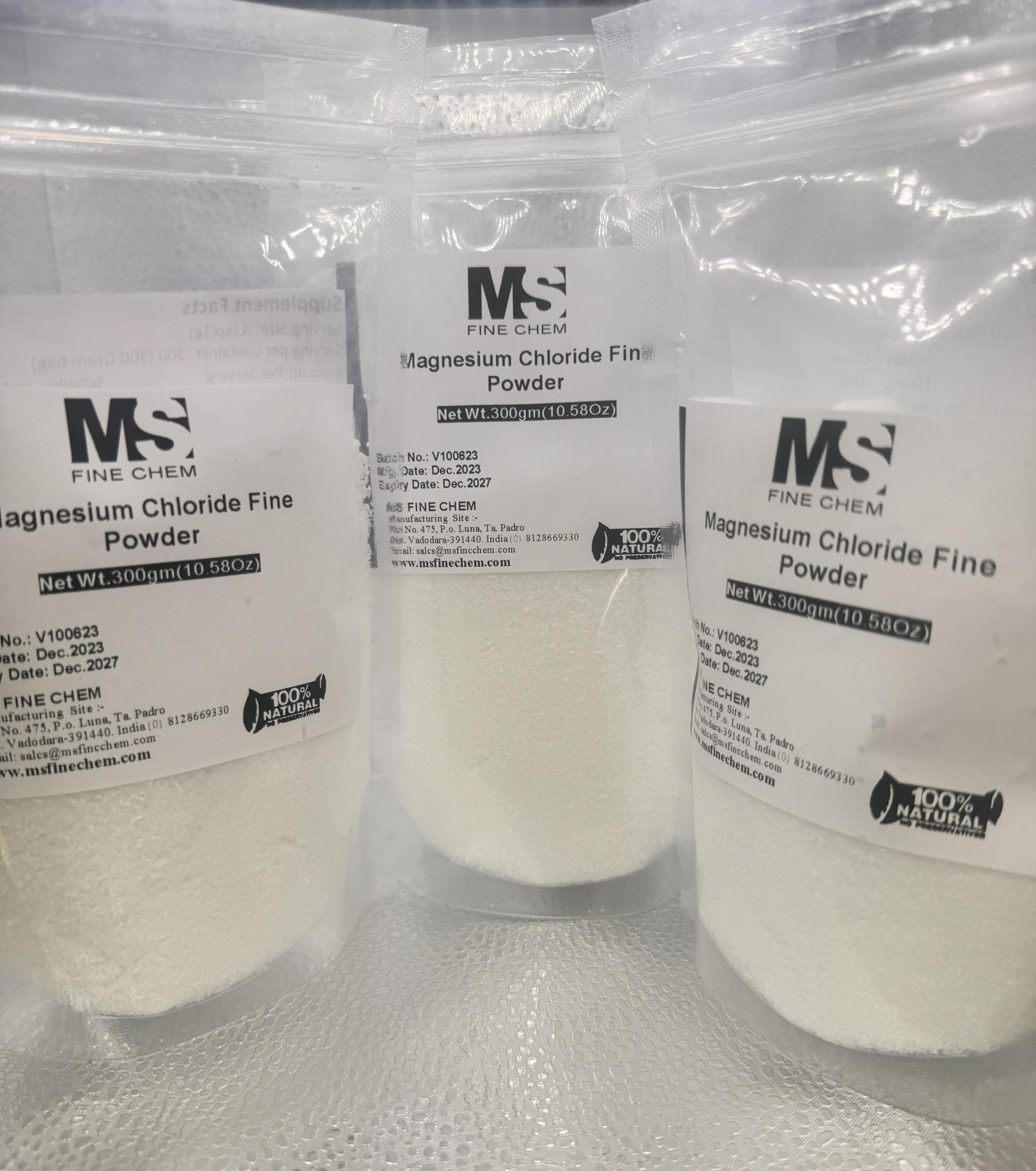 MS Finechem Magnesium Chloride USP (Pharmaceutical Grade) Hexahydrate, Cloruro de Magnesio Comestible Powder - 300gm (10.5oz) - 3pack