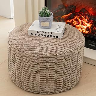 Asuprui Stuffed Pouf Ottoman 20x14 Inch Round Foam Filled Foot Rest - Plush Boho Ottoman for Living Room, Bedroom & Versatile Seating