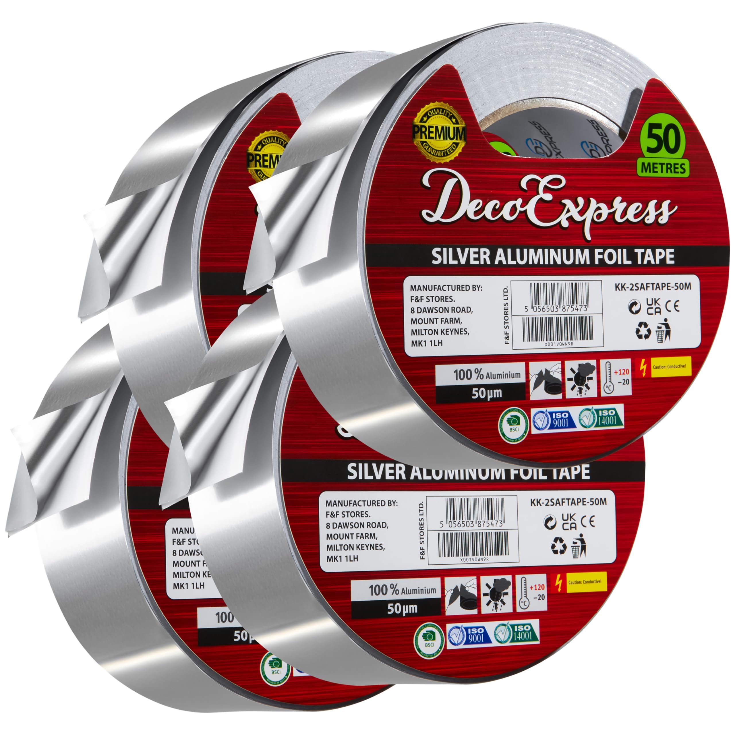 DECO EXPRESS Aluminium Foil Tape Adhesive Insulating Sealer 4.5cm x 10m/25m/50m Heat Resistant Waterproof Insulation Tape (50 M, 4 Pcs)