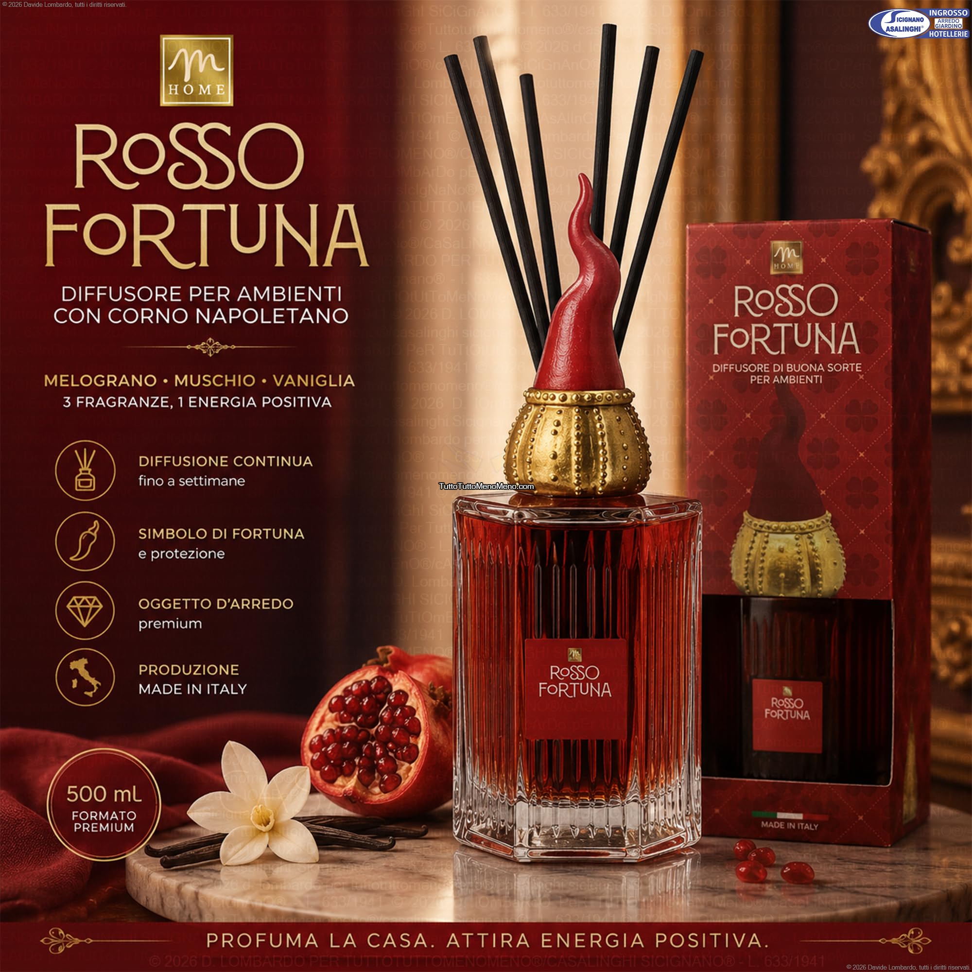 Sicignano Rosso Fortuna Diffuseur d'ambiance, 500 ml, verre strié, avec corne napolitaine, fabriqué en Italie (vanille)