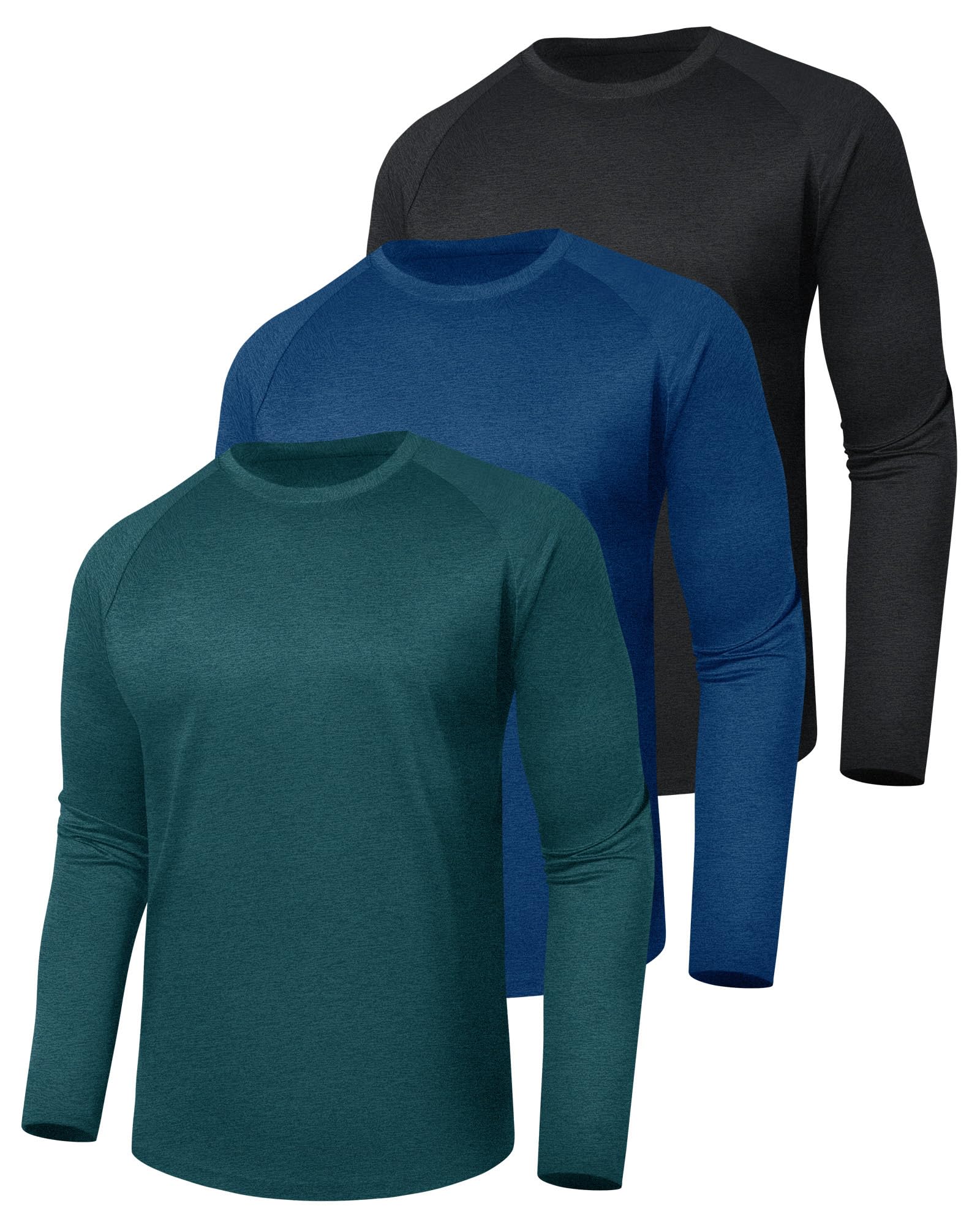 BOOJO 3 Pack Long Sleeve Shirts for Men - Quick Dry Moisture Wicking Sun Protection UV UPF T-Shirts for Fishing Workout Gym