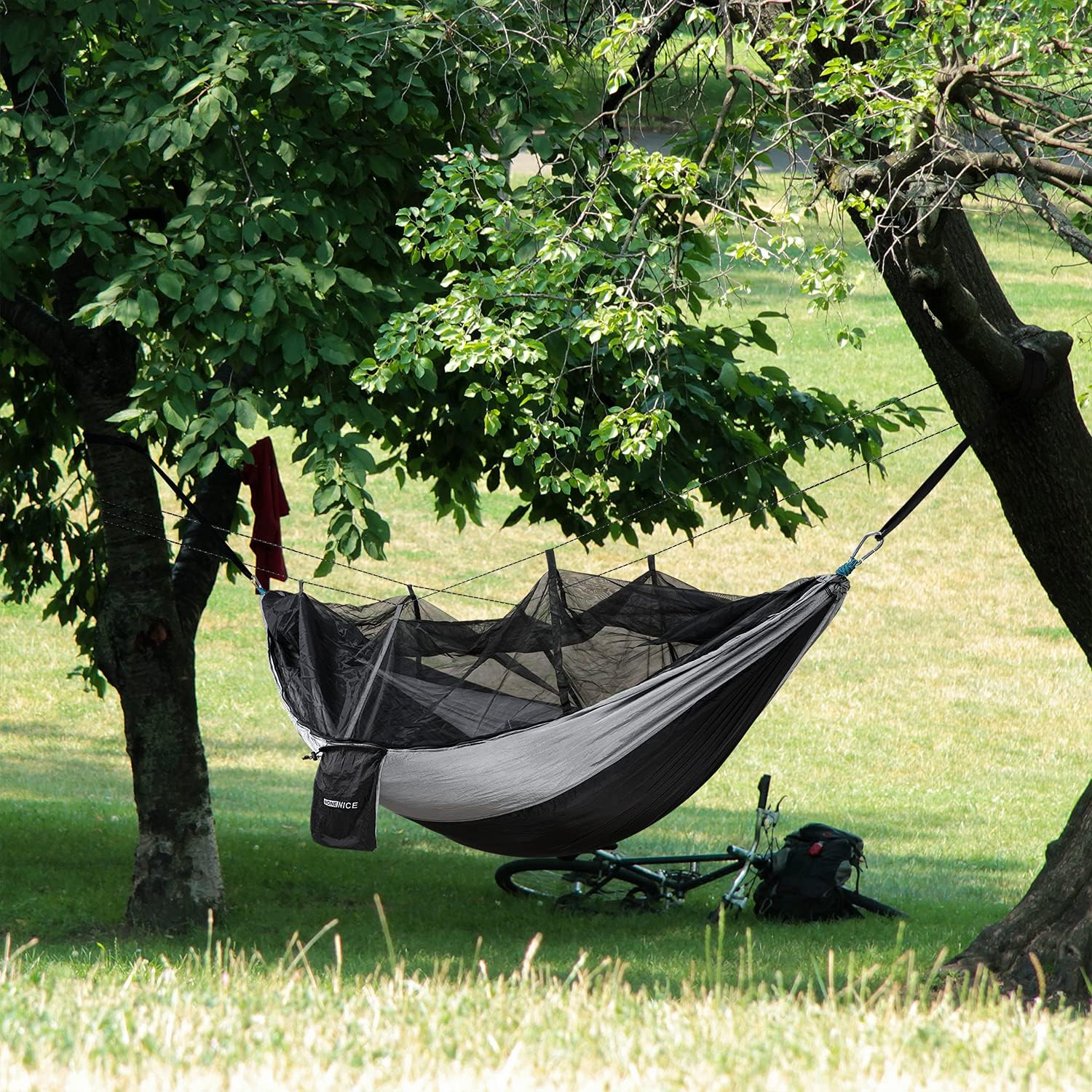WoneNice Hammock with Mosquito Net, Portable Lightweight Nylon Parachute Multifunctional Hammock with Net and Tree Straps for Camping, Backpacking, Travel, Beach, Yard. (Black/Grey)