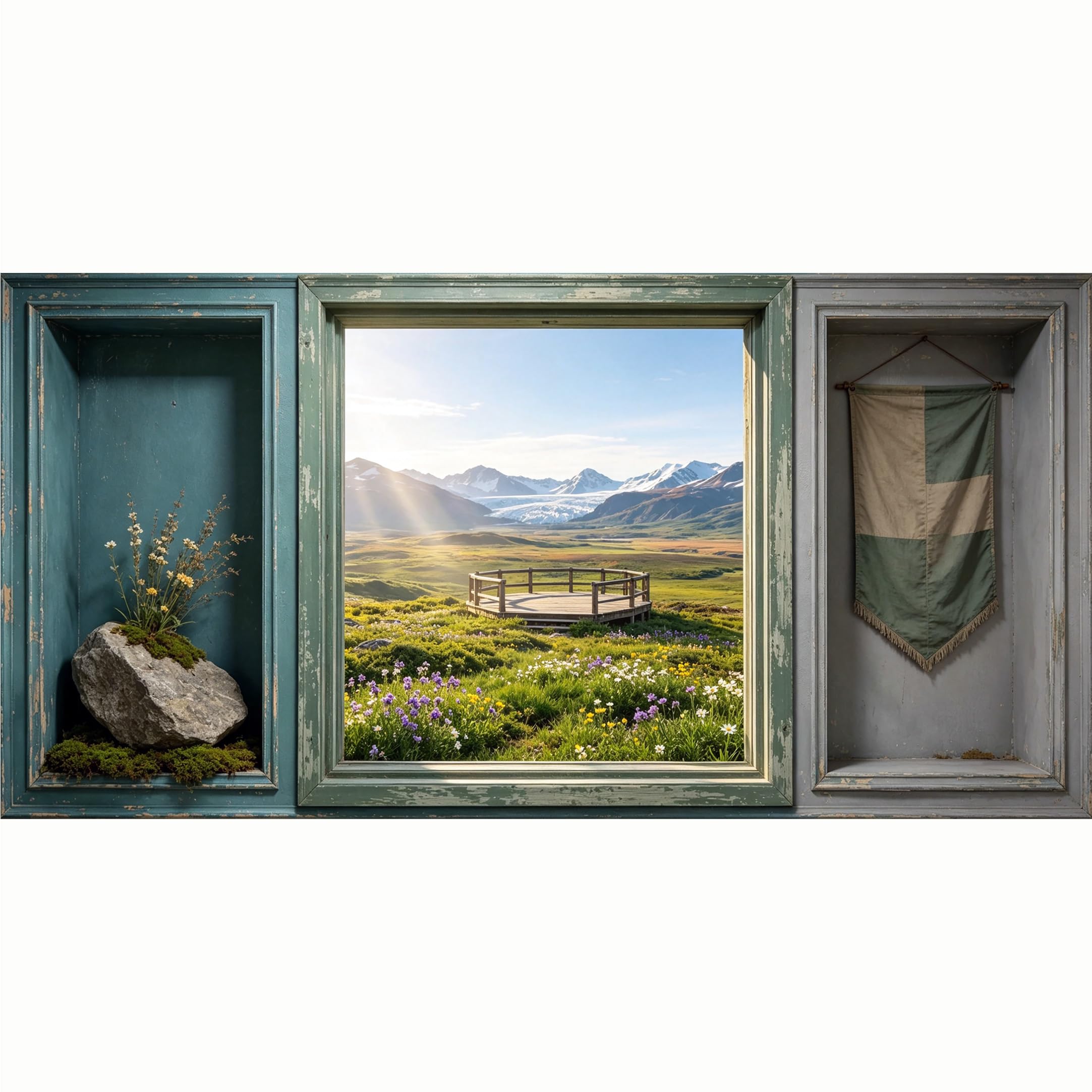 QZLITHOTIC 50x100cm 3D Framed Wall Art， Mountain Lake Landscape Scenery Self‑Adhesive Mural， Water‑Activated Peel & Stick Fabric Decor Wall Decal for Bedroom Living Room