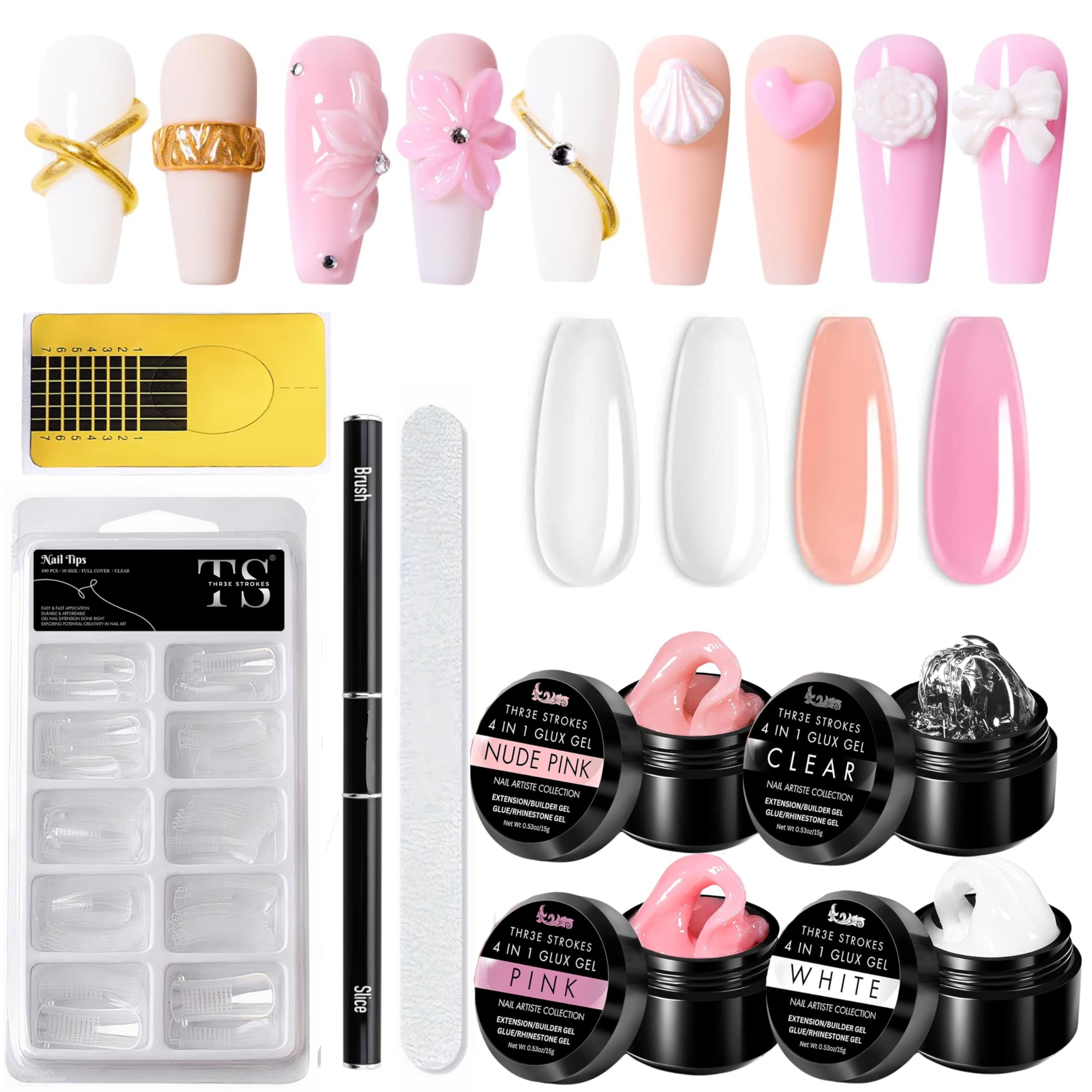 Solid Builder Nail Gel Kit 4 Colors Solid Builder Nail Extension Gel, 2 in 1 Nail Extension Gel Pen Brush, 100pcs Dual Nail Forms Clear Nail Molds, 10pcs Nail Extension Tips Form Guide Sticker
