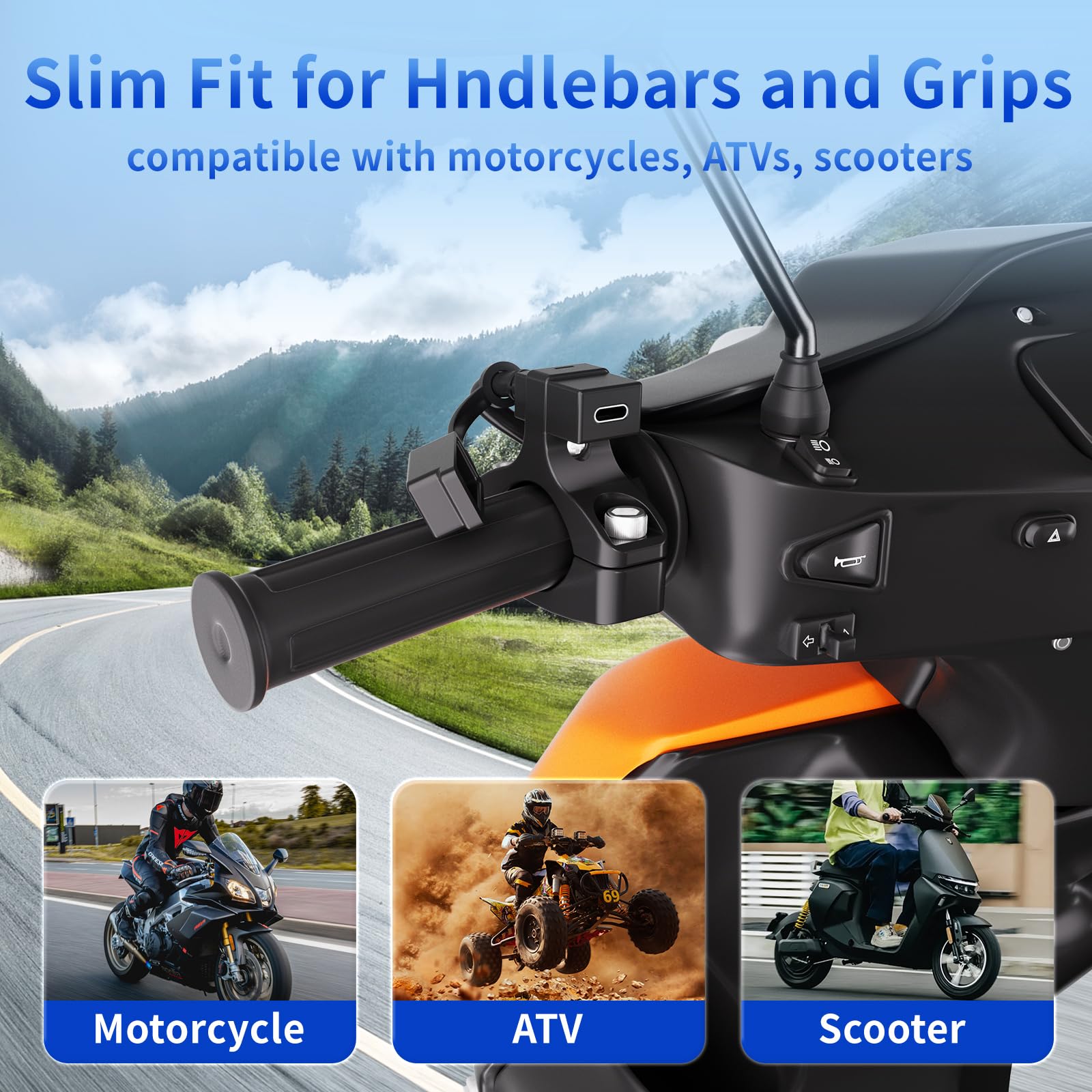 Cliff Top Caricatore USB impermeabile per moto, 18 W, PD USB-C, ricarica rapida, adattatore SAE a USB-C, porta USB con supporto per manubrio da 22 a 32 mm, per moto, scooter, ATV, dispositivi