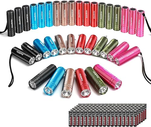 EverBrite Paquete de 36 mini linternas, linternas de mano LED de aluminio con cordón, colores surtidos, 108 baterías incluidas para EDC, recuerdos