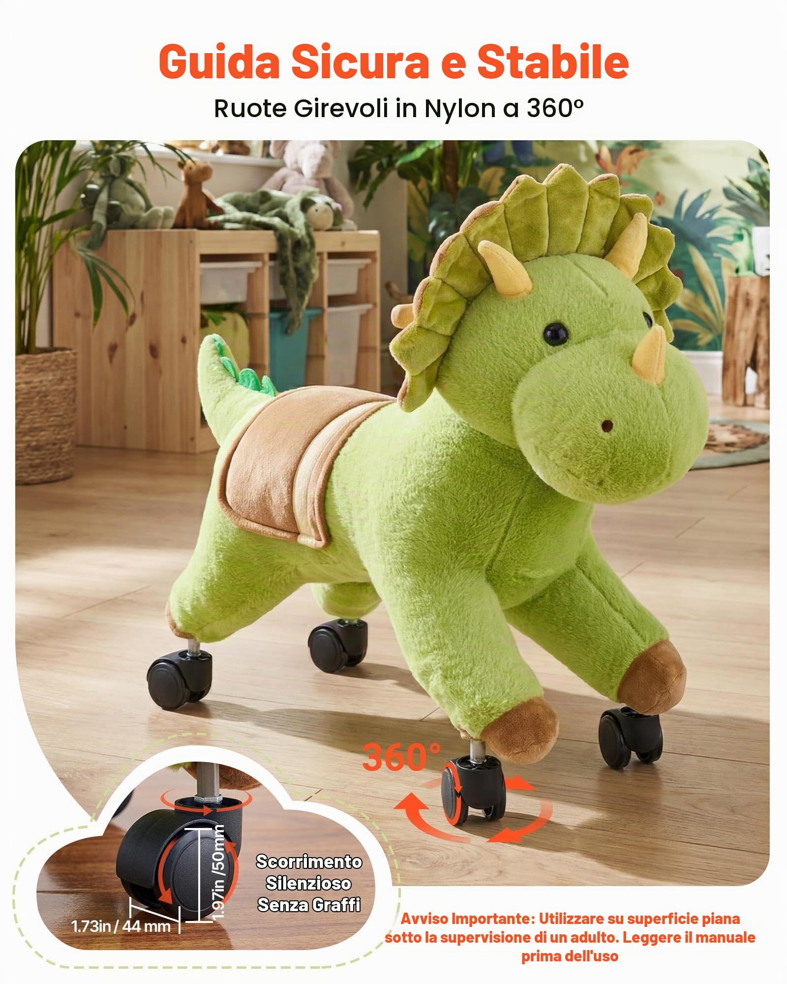 VEVOR Cavallo Cavalcabile per Bambini, Dinosauro Cavalcabile con Ruote Scorrevoli Flessibili a 360°, Ruggiti Realistici, Senza Batterie, Sedile Morbido, Portata Massima 40 kg, Per Bambini 3+ Anni