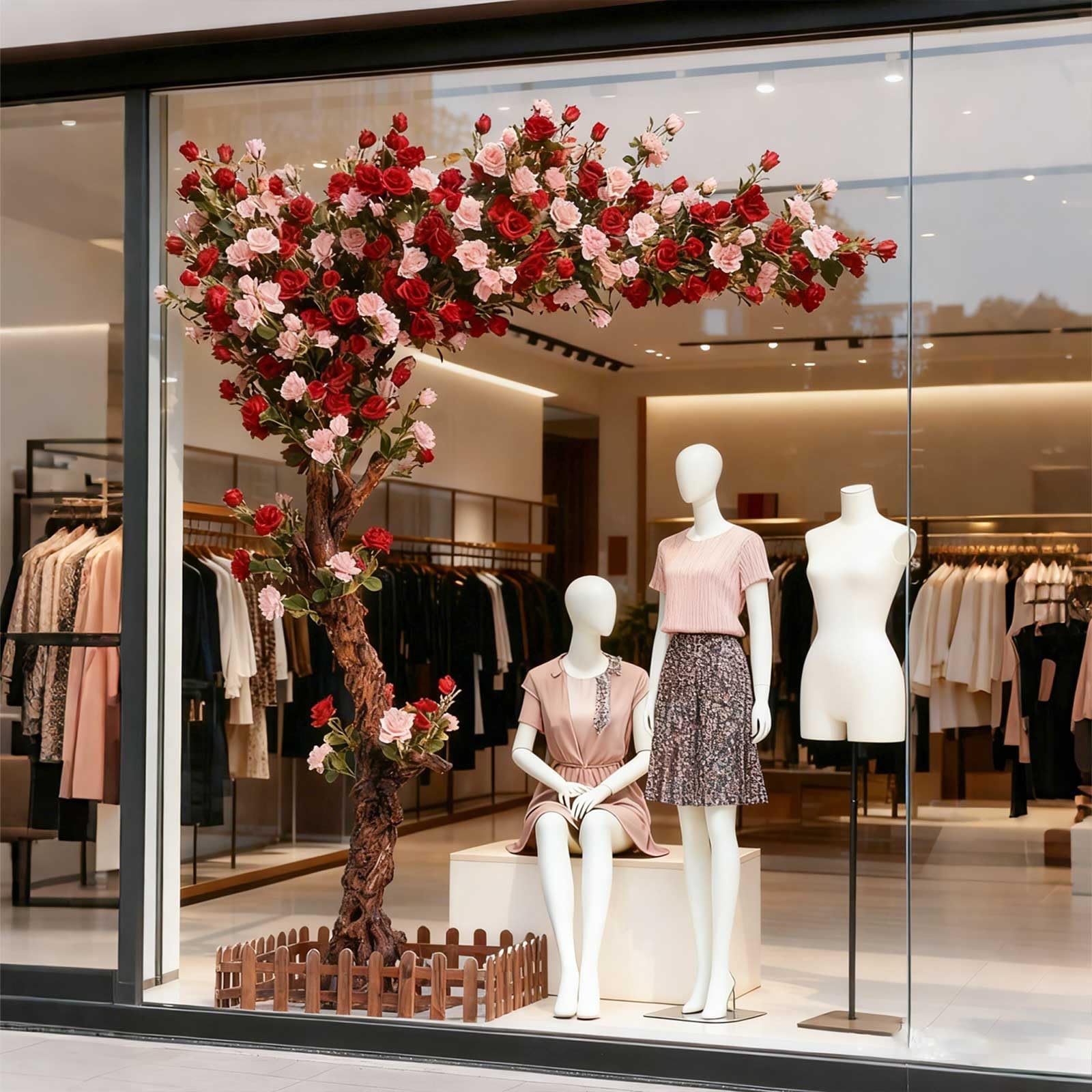 KIBONCY Red Artificial Rose Wishing Tree, Freestanding Simulation Camellia Hydrangea Floral, Indoor Outdoor Landscape Ornament for Hotel Lobby Company Window Rockery Decoration