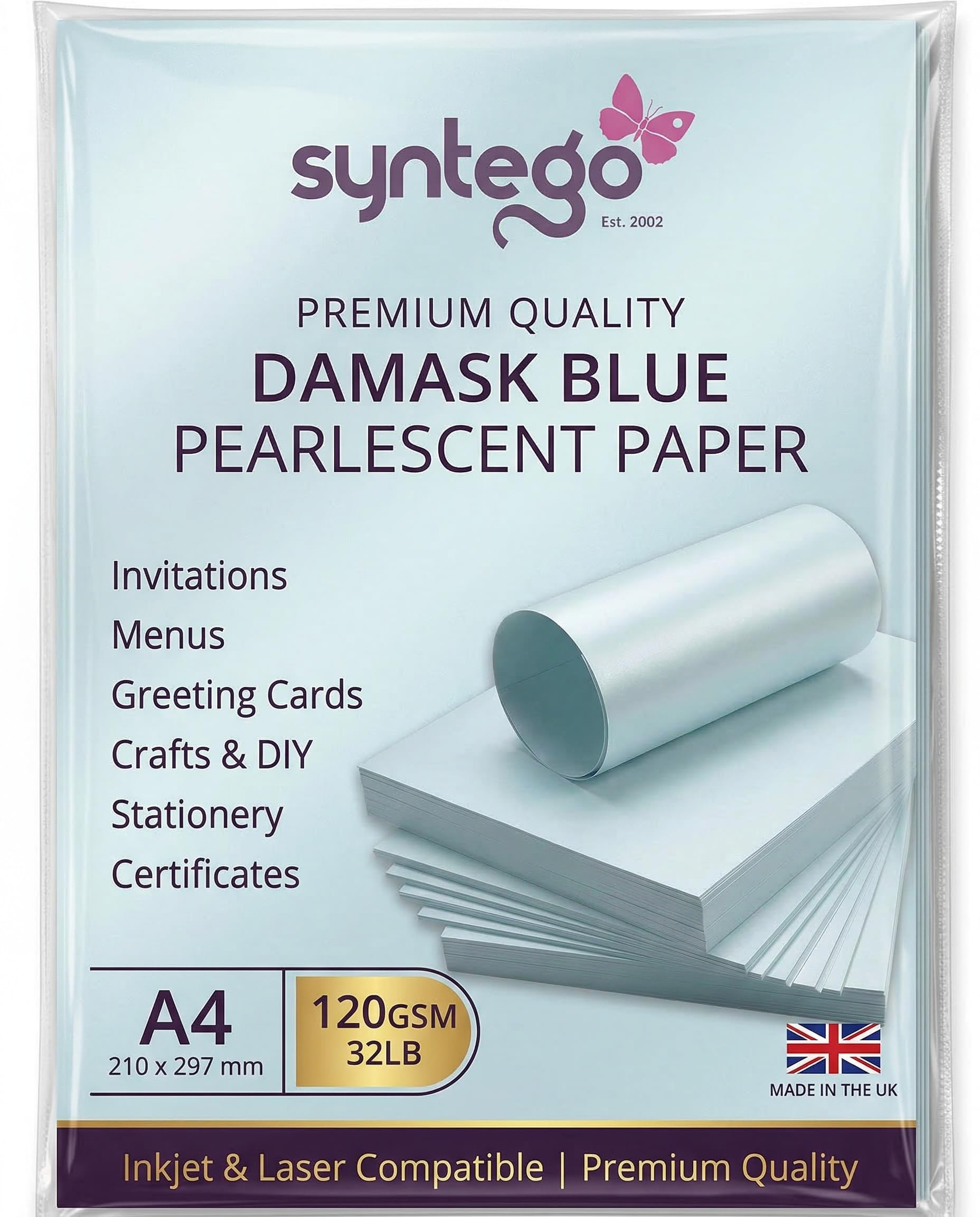Syntego Blue 20 X A4 Damask Light Baby Double Sided Pearlescent Shimmer Paper 120Gsm Suitable For Inkjet And Laser Printers