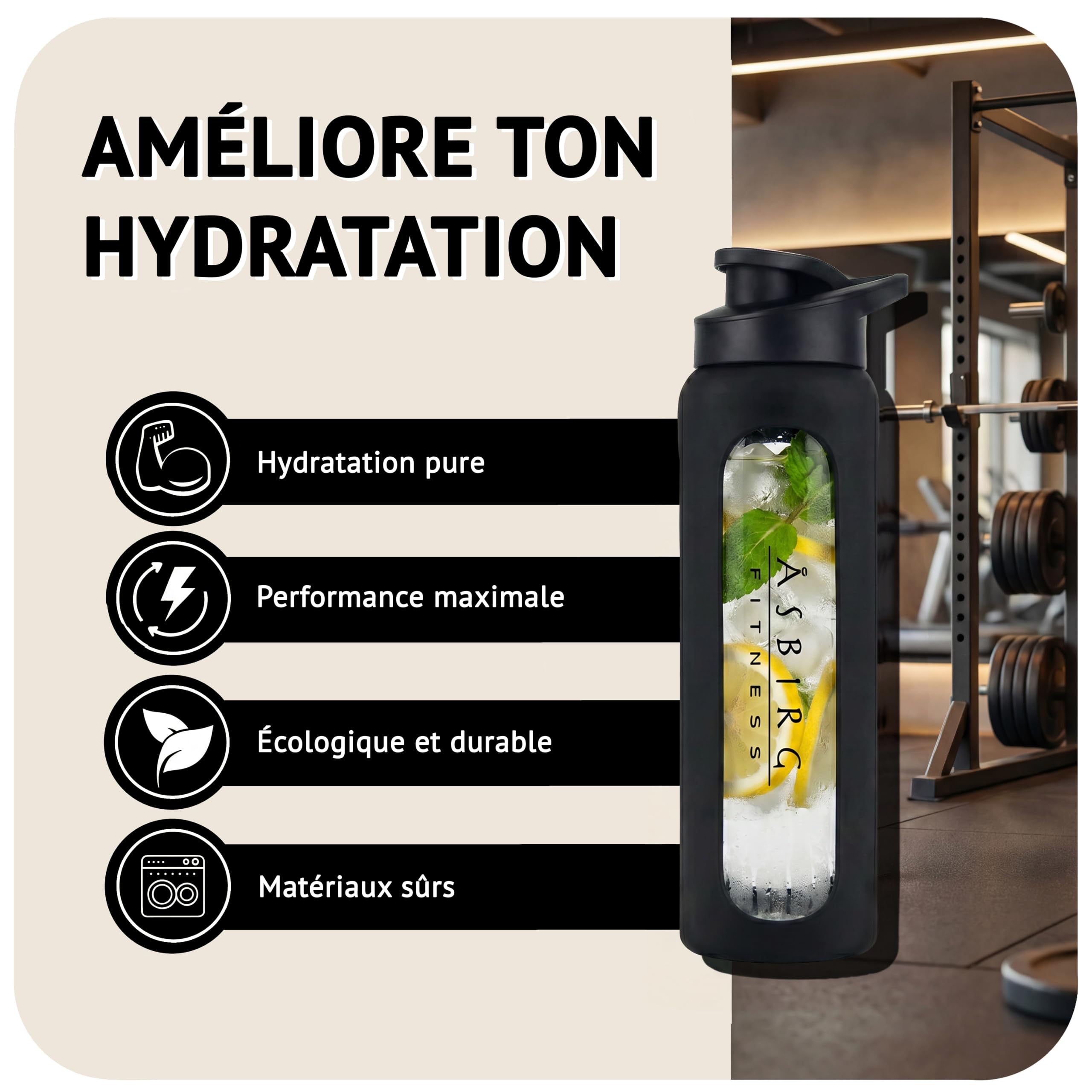 Shaker Protéines en Verre Trempé - 1000ml Gourde avec Boule Mélangeuse | Étanche, Sans BPA & Résistant | Noir