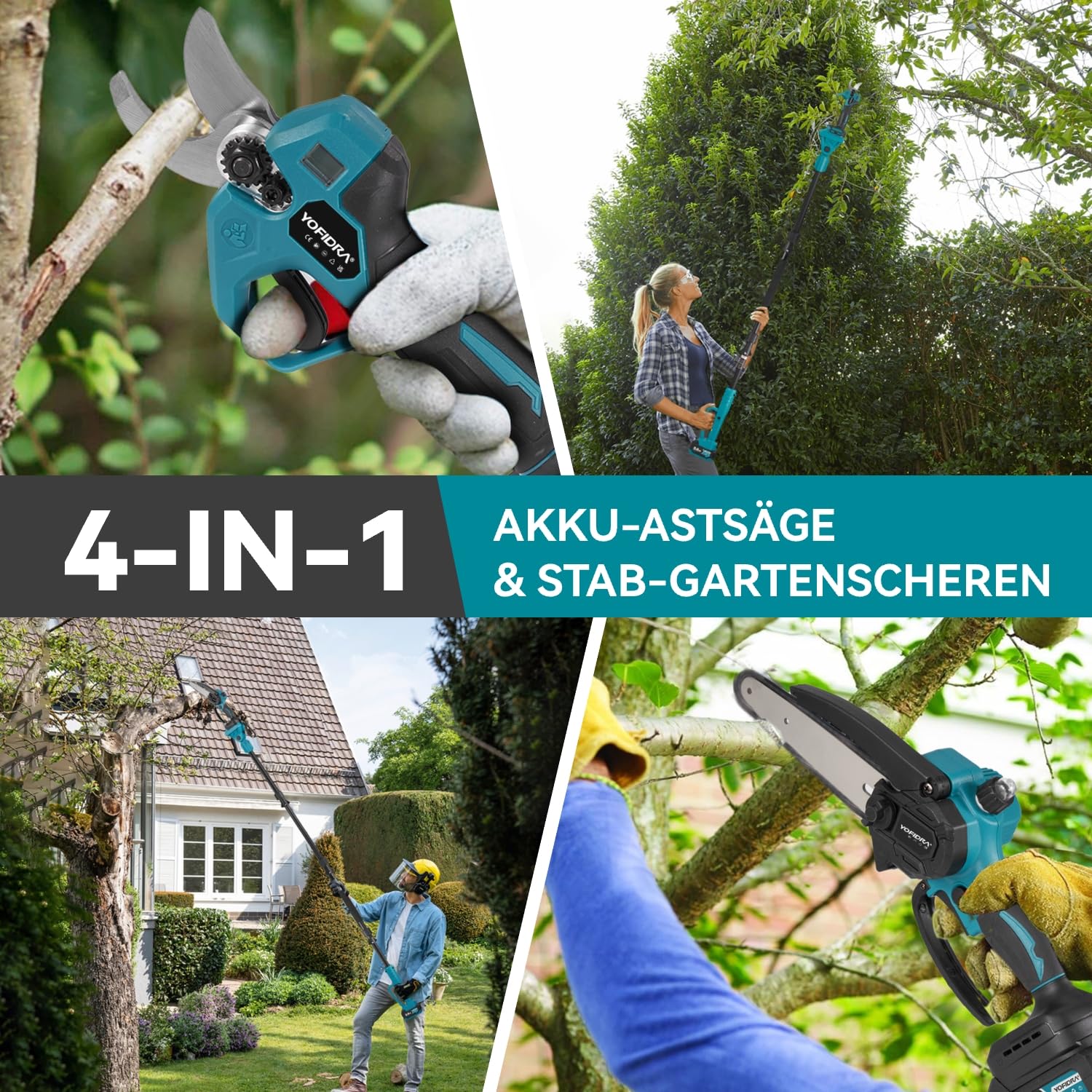 Yofidra 4-IN-1 Akku Hochentaster Kettensäge & Astschere mit Teleskop - Bürstenlos 25mm Baumschere, 6 Zoll Mini Kettensäge, mit 200cm Teleskopstange, 180° Einstellbarer Winkel, 2 x 3.0Ah Akkus, blau