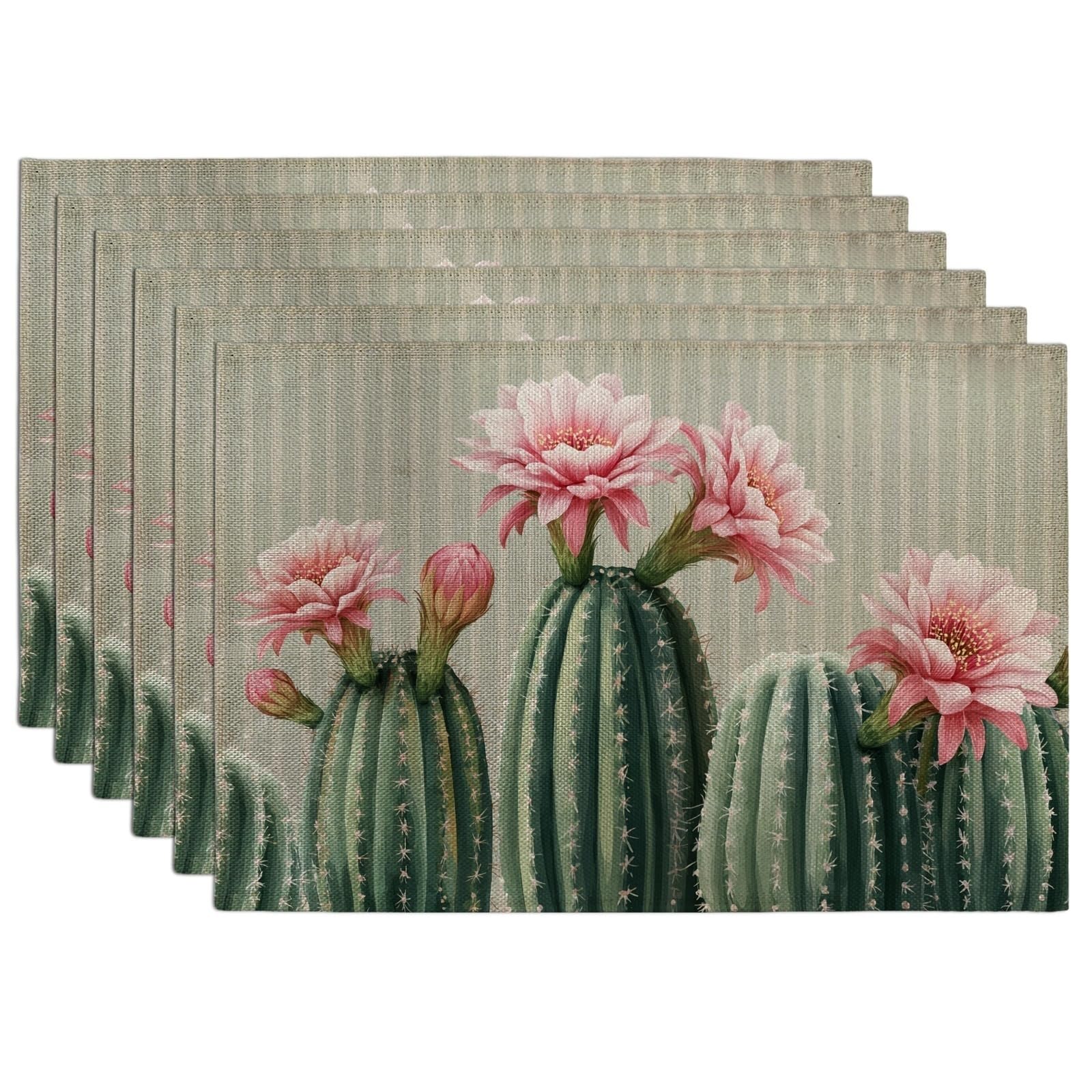 Spring Summer Cactus Flowers Placemats, Peach Botanical Place mats for Dining Table, Non-Slip Washable Indoor Outdoor Party Decorative Placemat Set of 6
