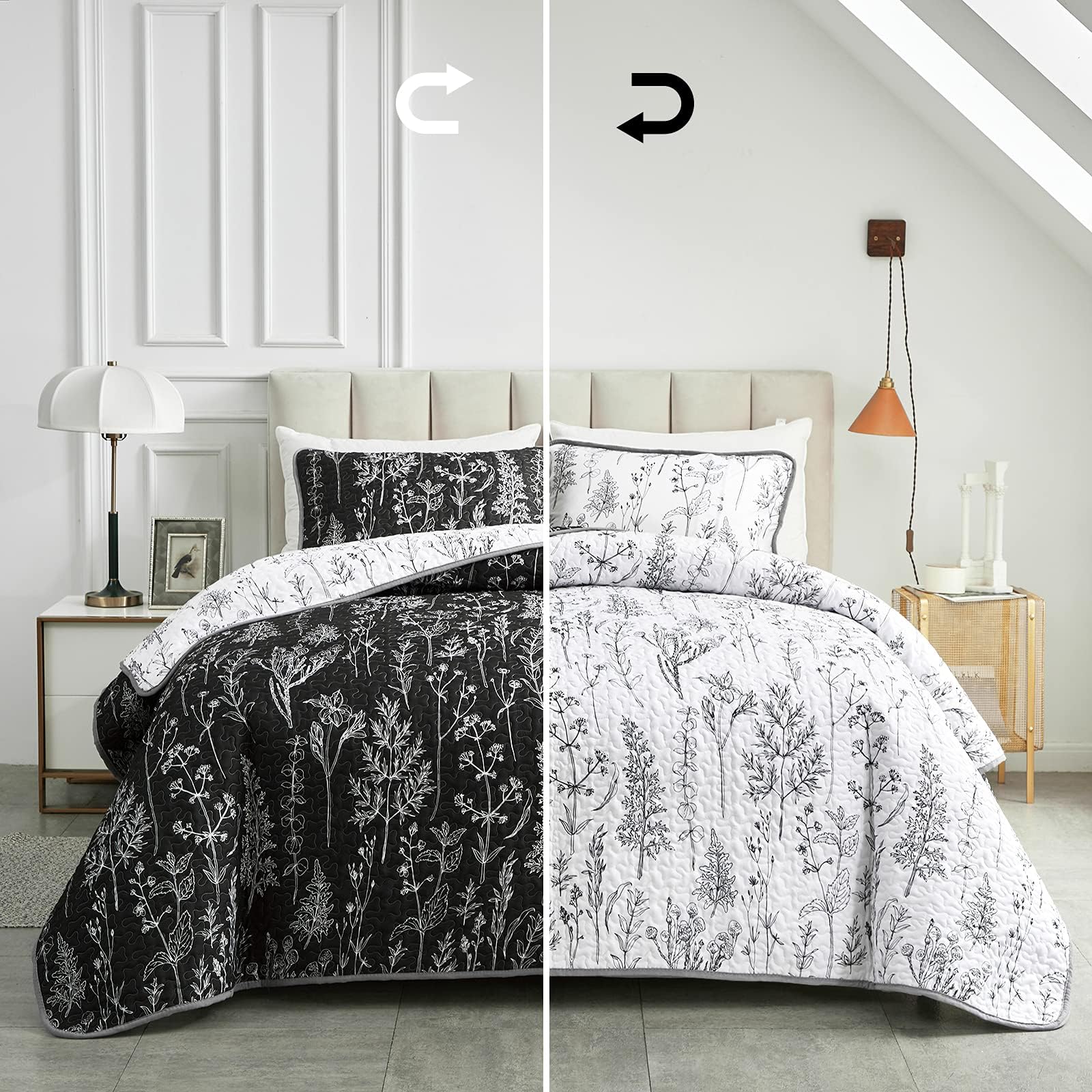 Joyreap 2 Pieces Quilt Set Twin, Black n White Rversible Botanical Design, Smooth Soft Microfiber Quilt, Bedspread Bed Cover for All Season, 1 Quilt and 1 Pillow Sham- 68x86 inches
