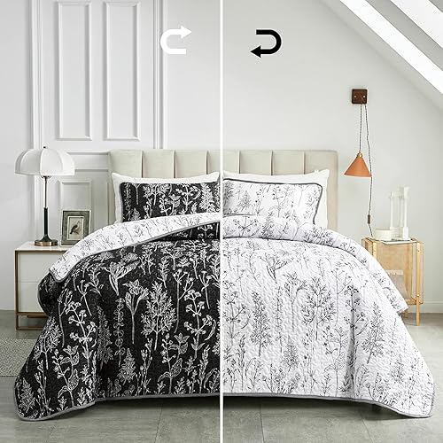 Miniatura 1 de Joyreap Juego de edredón de 3 piezas, tamaño King, diseño botánico reversible negro y blanco, colcha de microfibra suave y suave, funda de cama para