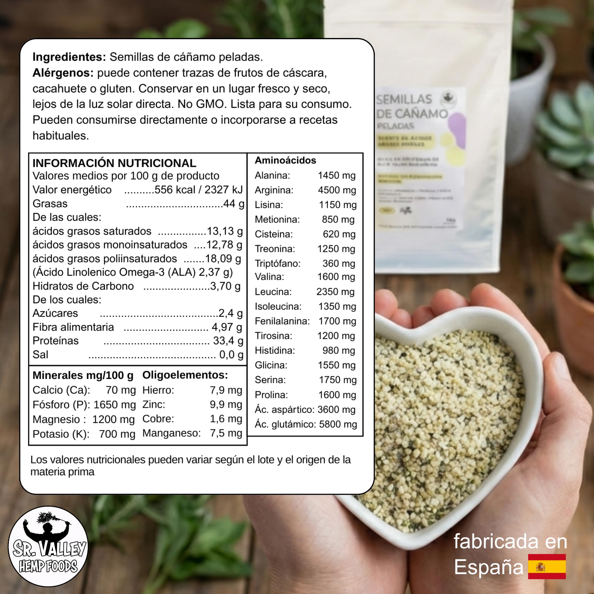 Sr Valley Semillas de Cañamo Peladas 1000 g sin aditivos | Origen España | Semillas 100% naturales, descascaradas y tiernas | Super alimento rico en proteína vegetal y ácidos grasos esenciales