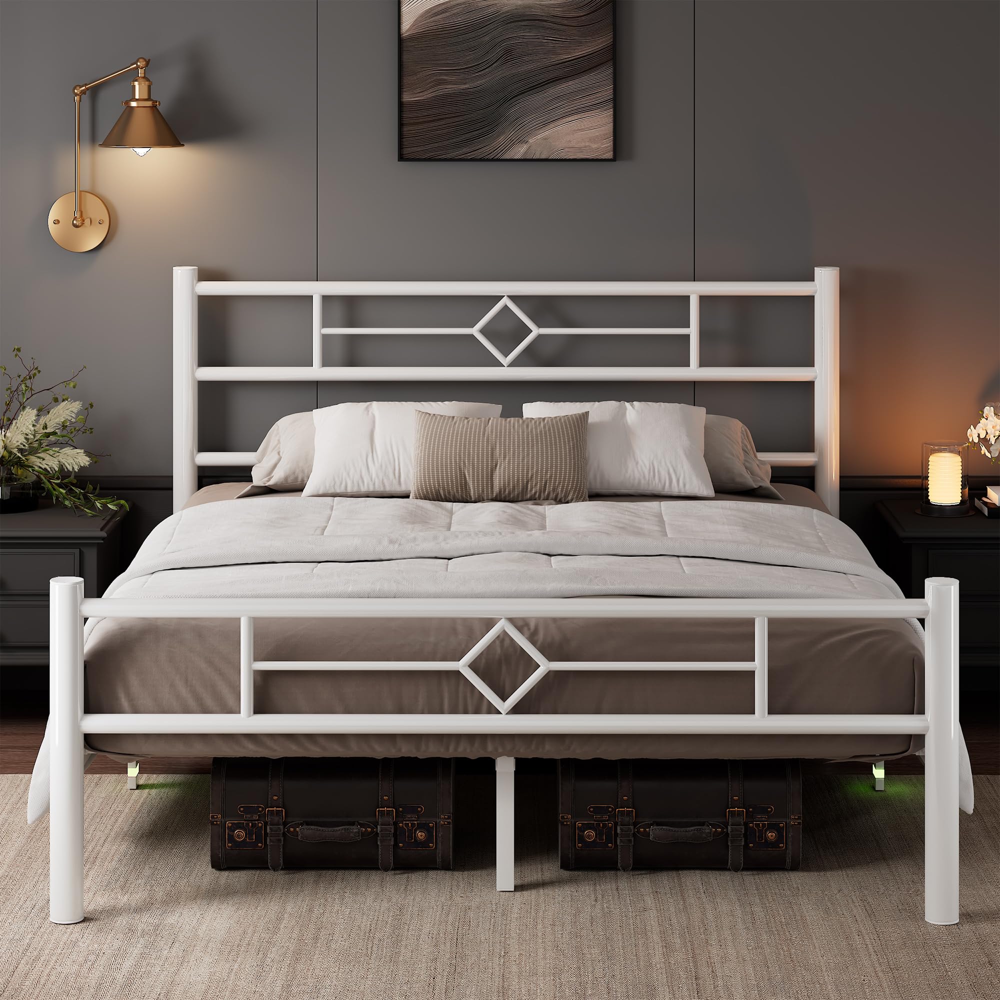 iPormis Double Bed Frame,135 x 190 cm,with Headboard and Footboard,Metal Bed Frame,300 kg Weight Capacity, Under Bed Storage Space,Easy Assembly,White