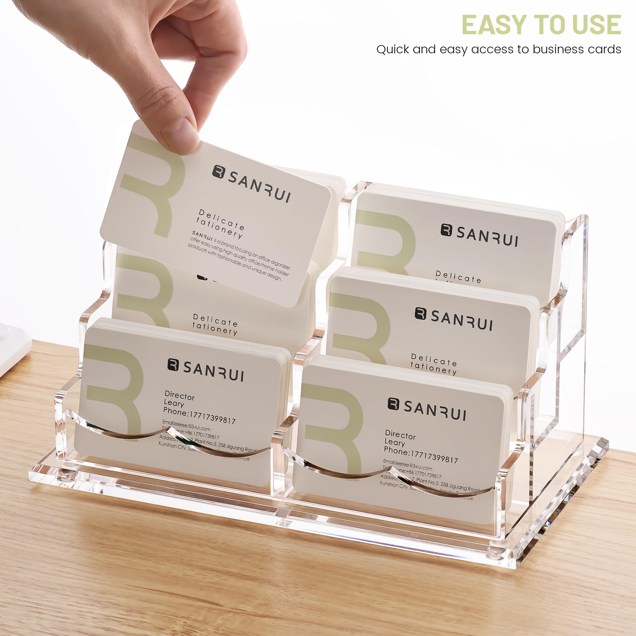 SANRUI - Tarjetero de acrílico para escritorio o oficina, soporte para tarjetas de visita, pantalla transparente de 3 niveles con 6 bolsillos