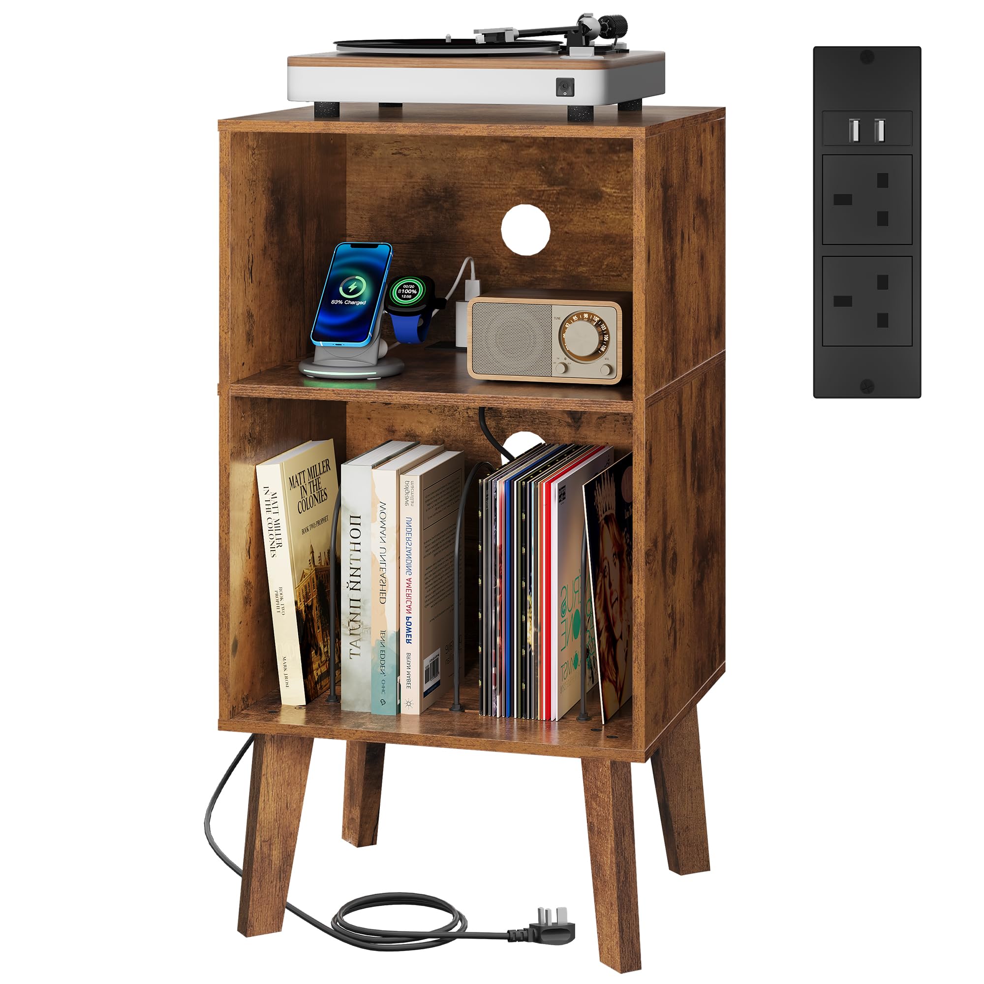 WLIVE Side Table with Charging Station, 3-Tier Record Player Stand, Wooden Turntable Stand Cabinet for Music Room, Bedside Table for Living Room, Bedroom, Rustic Brown