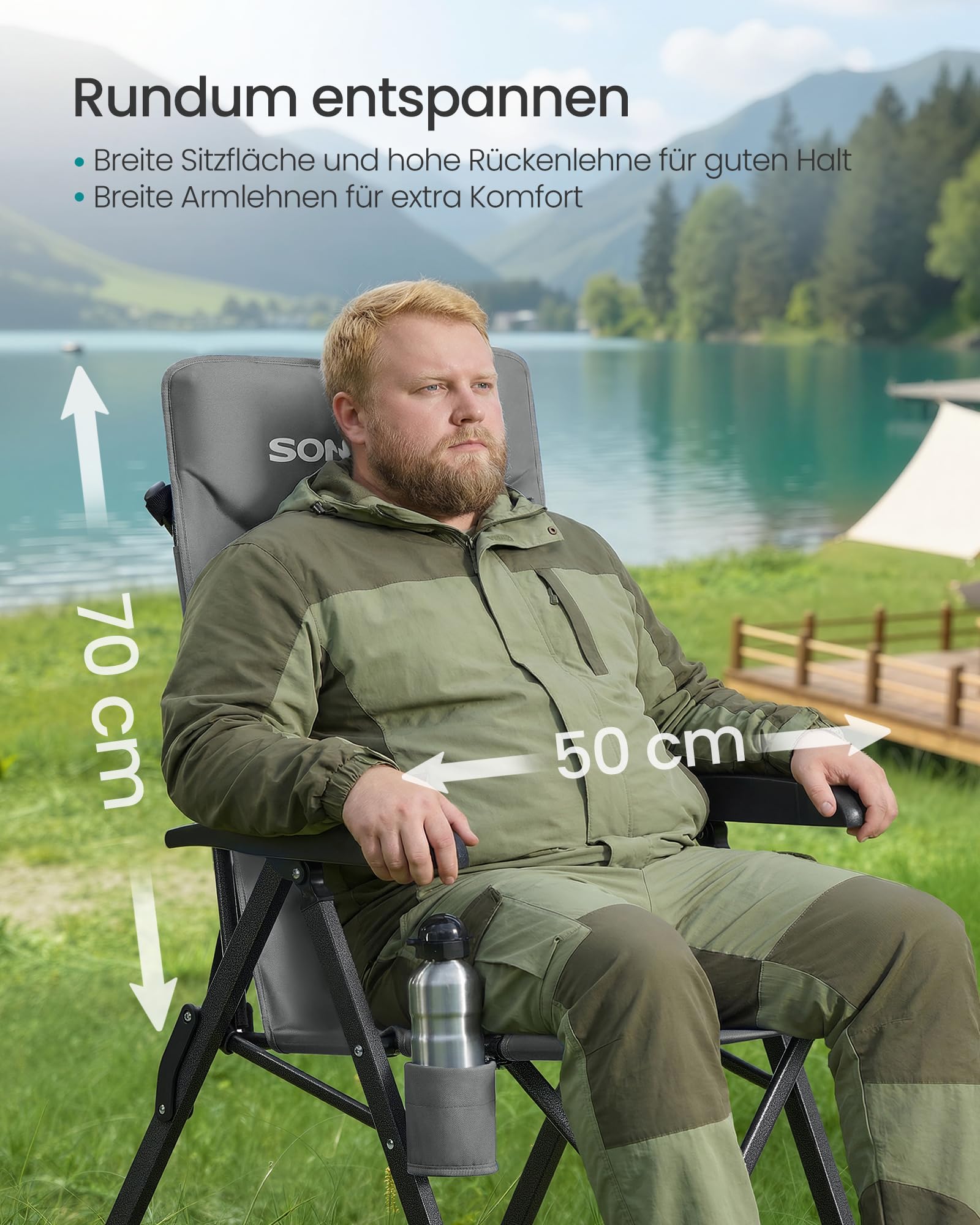 SONGMICS Campingstuhl faltbar, für Erwachsene, 95°-150° verstellbare Rückenlehne, Klappstuhl, drehbarer Getränkehalter, Tragetasche, Schultergurt, für Garten, Camping, Angeln, grau GCB015GZ01