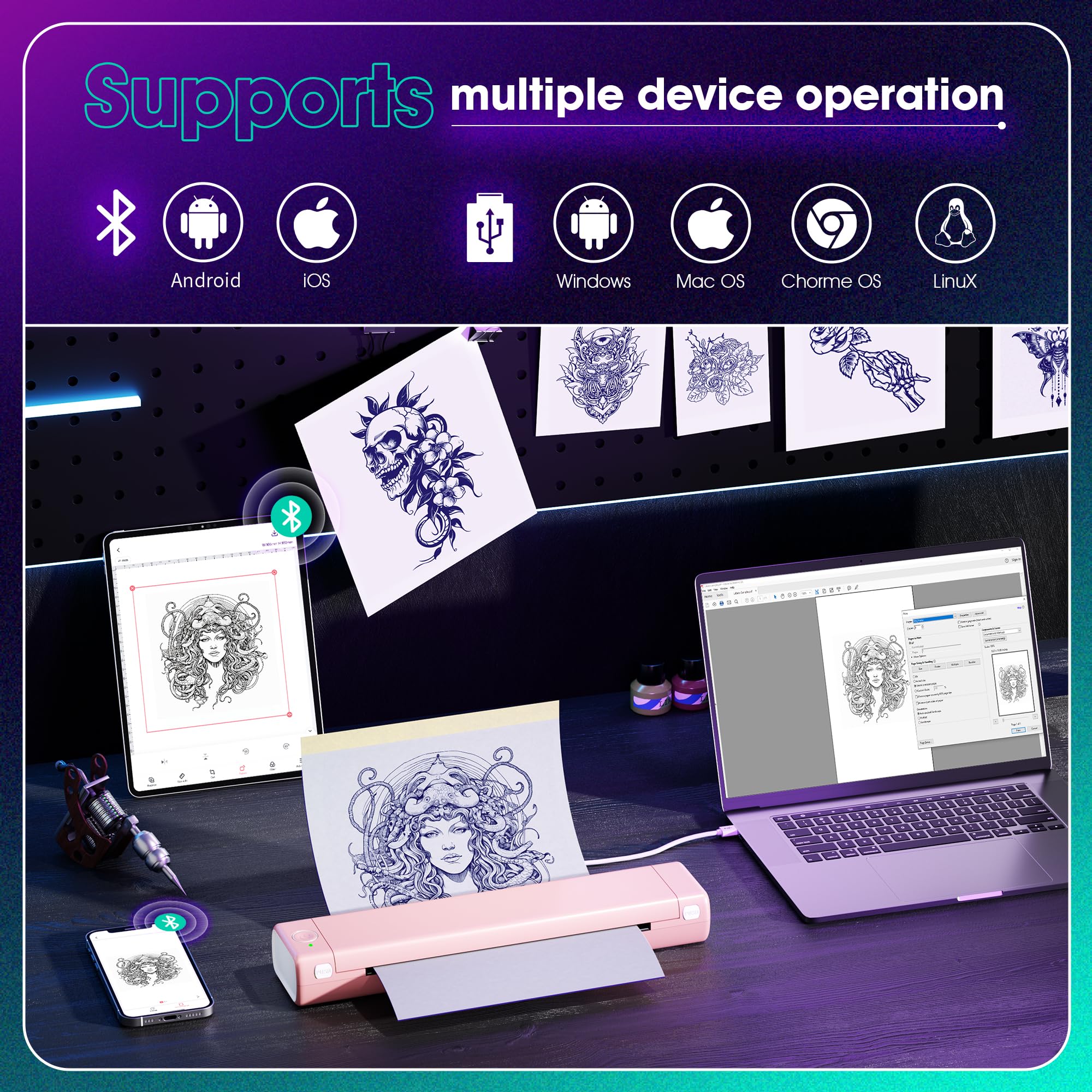 Tattoo Drucker, Tattoo Stencil Drucker mit 10 Blatt Stencil Papier für Tattooing, Thermodrucker Tattoo Kompatibel mit IPad & Telefon & PC für Tattoo Künstler und Anfänger DIY Tattoos, Rosa