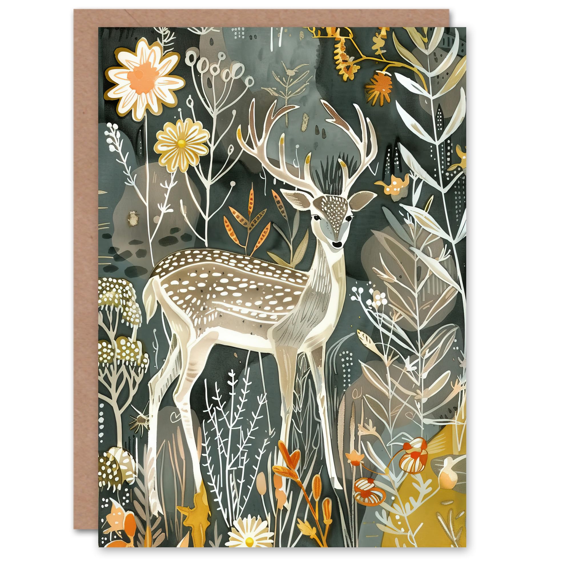 Artery8 Greeting Card Deer in Autumn Forest Wildflowers Animal Folk Art Blank For All Him Or Her Art Birthday Card