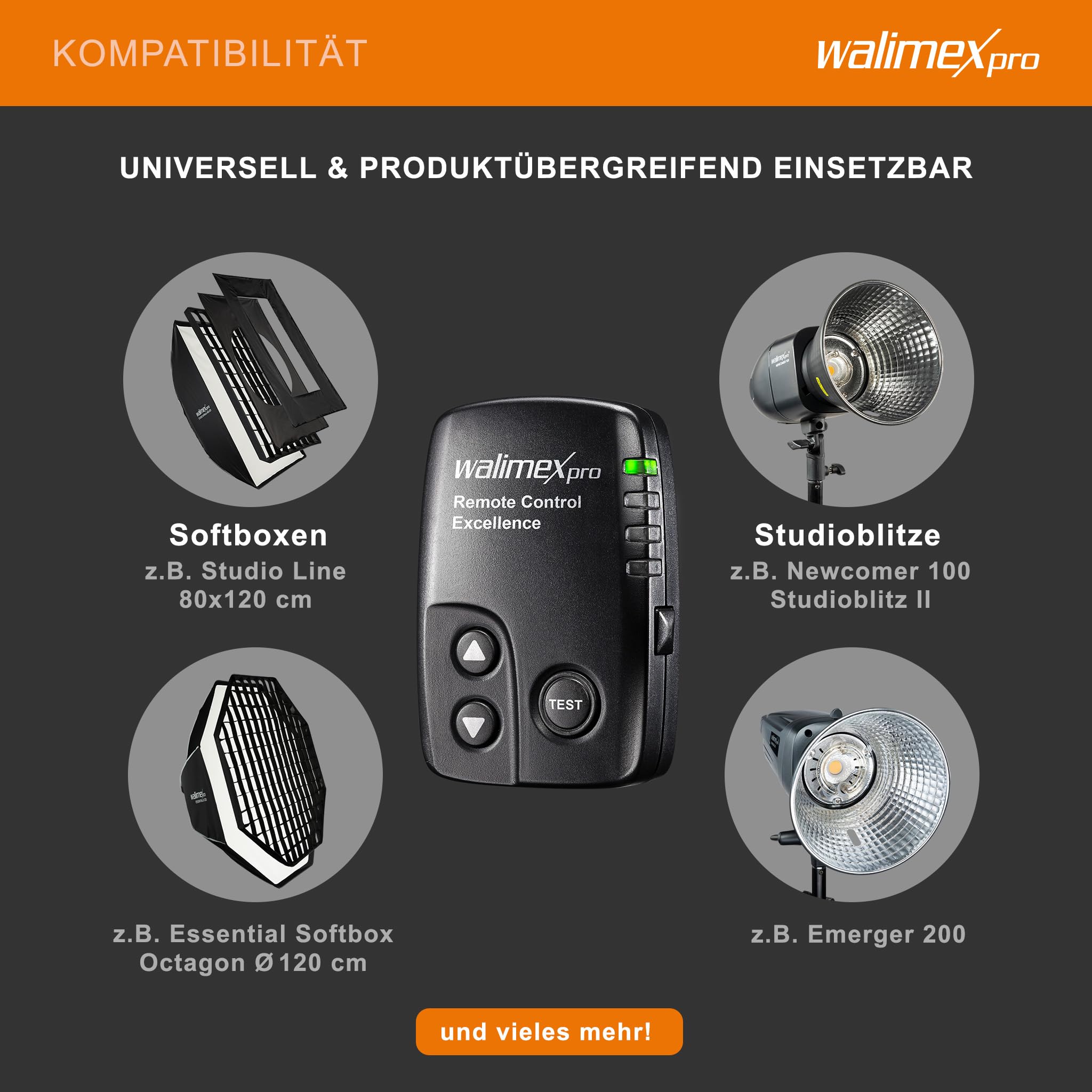 Walimex pro VE & VC & Newcomer Studioblitz Auslöser - Kabellose Fernsteuerung bis zu 30 m, Blitzauslöser mit 16 Kanäle, 4 Gruppen, 1/160 Sek. Synchronisation - Perfekt für schnelle Bewegungen